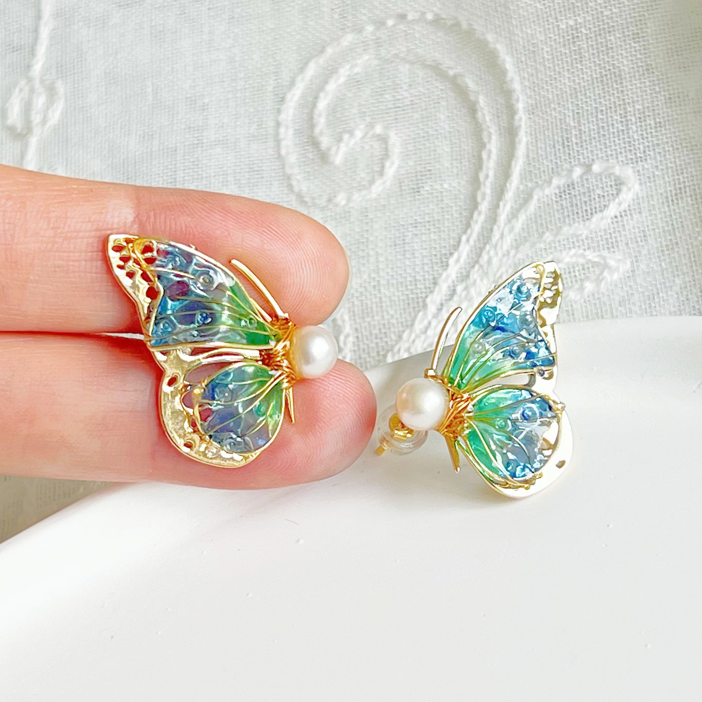 Handmade Blue Green Butterflies Earrings-Ninaouity