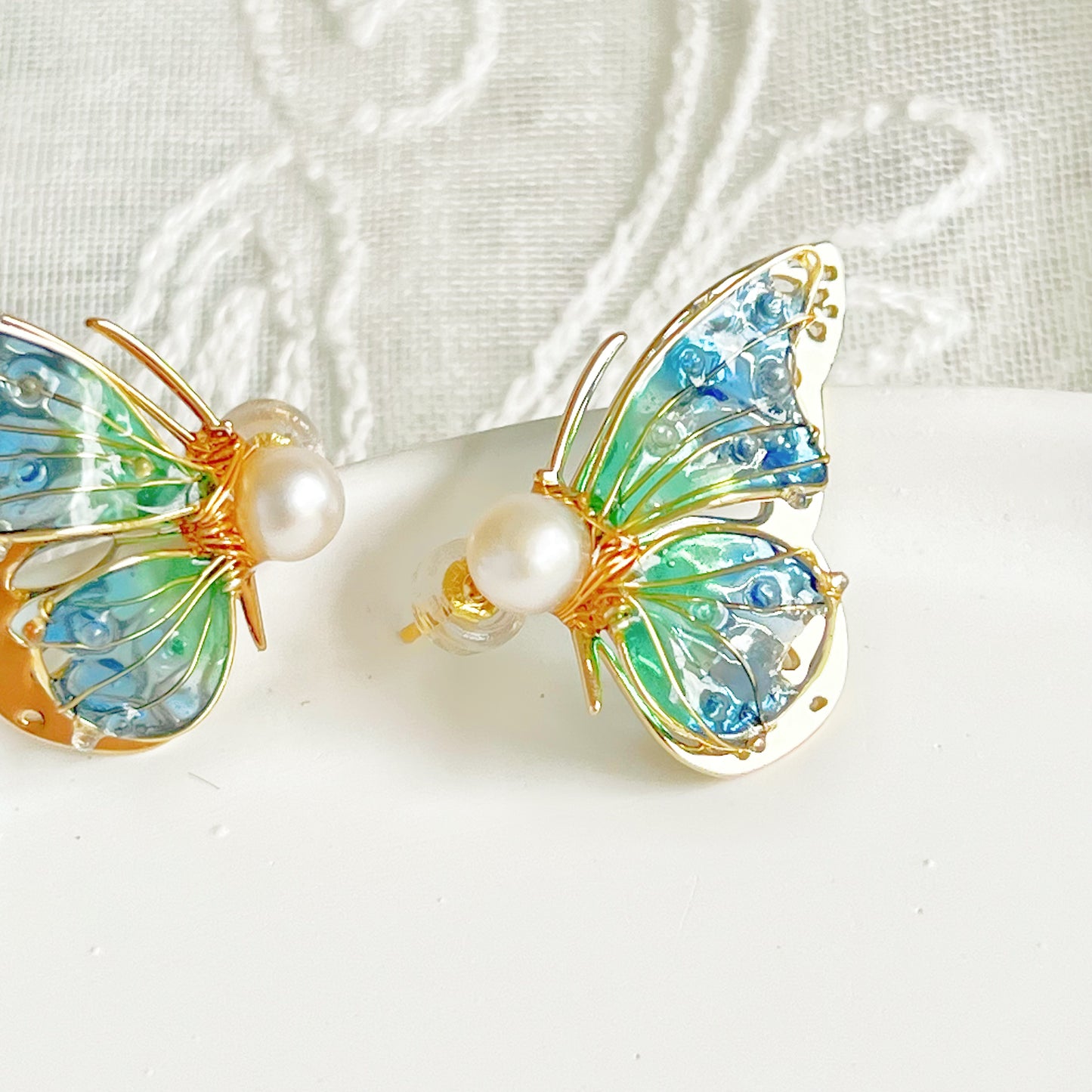 Handmade Blue Green Butterflies Earrings-Ninaouity