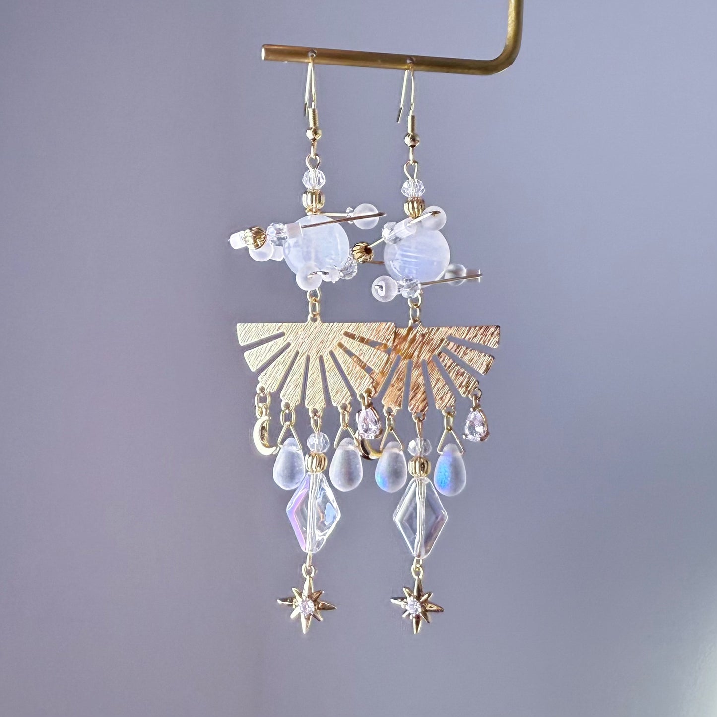 Blue Moonstone Planet with Shining Stars Drop Earrings