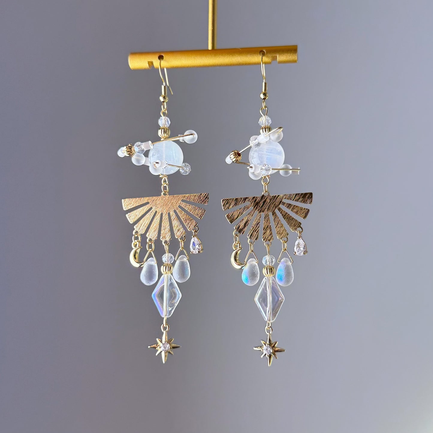 Blue Moonstone Planet with Shining Stars Drop Earrings