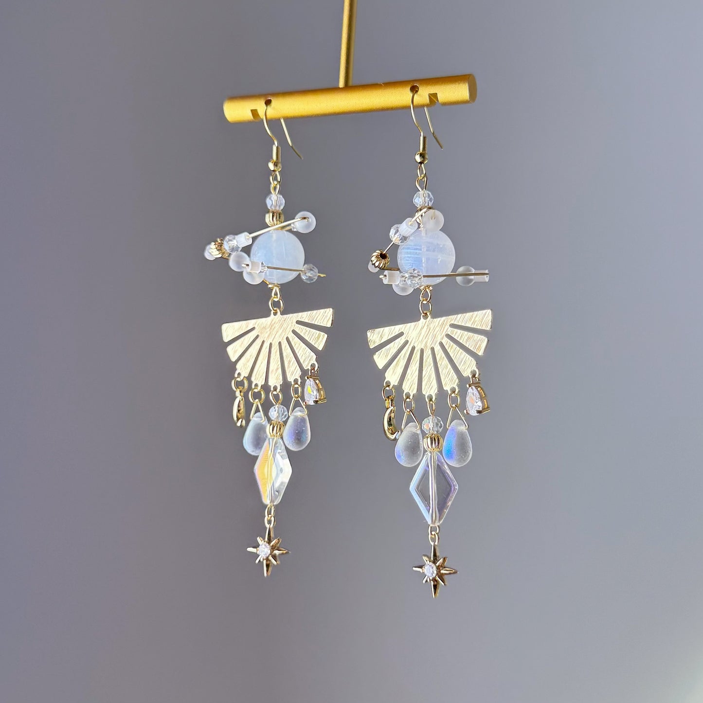 Blue Moonstone Planet with Shining Stars Drop Earrings