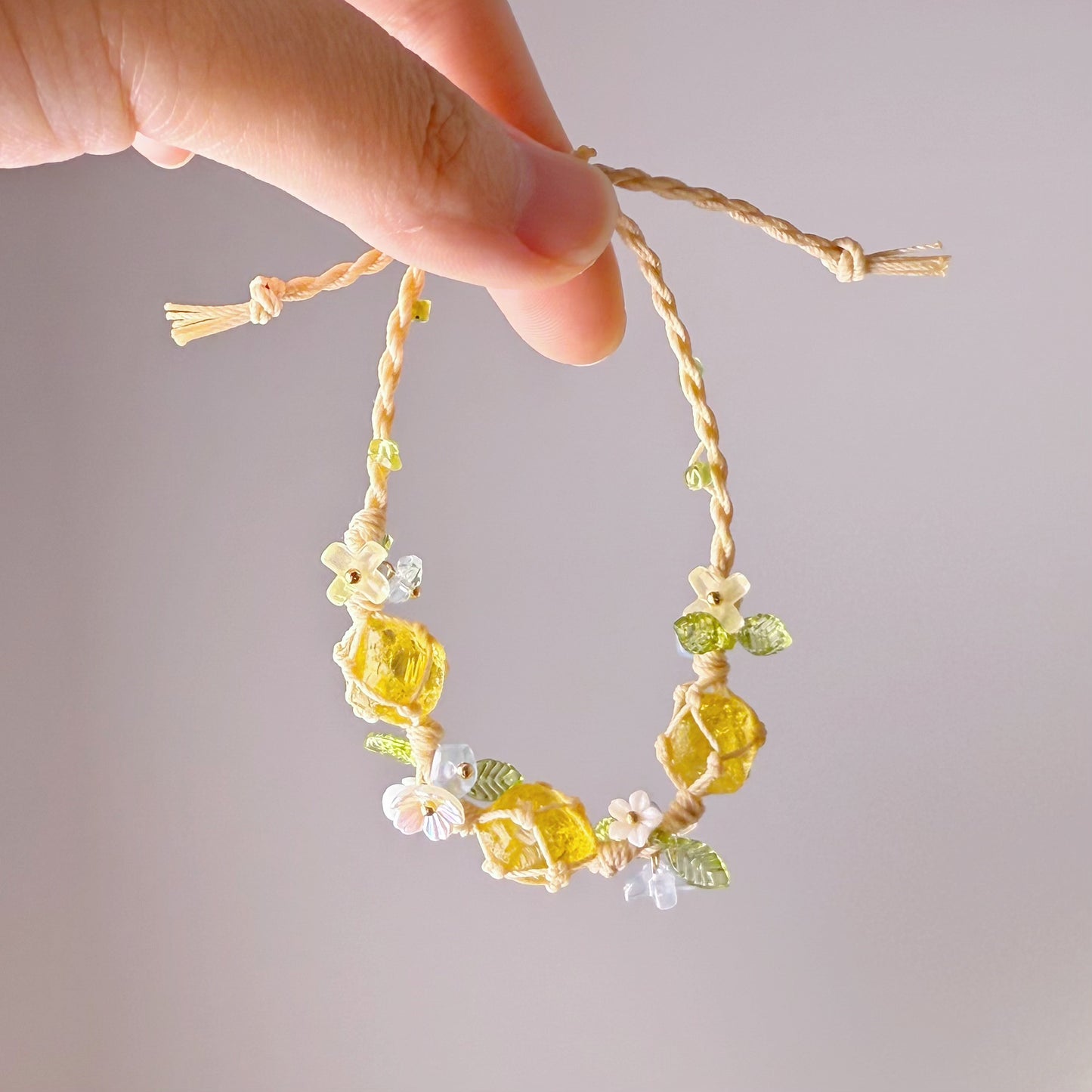Quartzberry - Solar Plexus Chakra Citrine Raw Three Crystals Handmade Macrame Bracelet