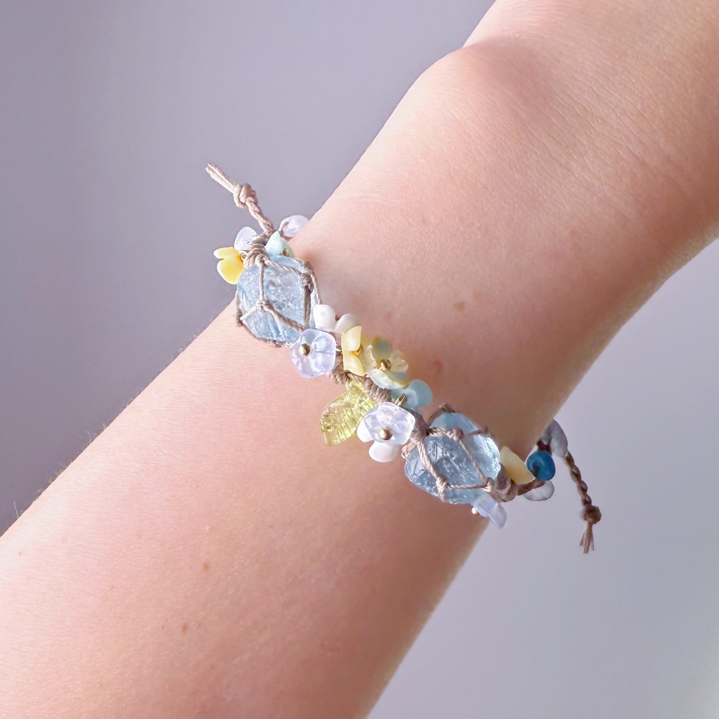 Quartzberry - Throat and Crown Chakra Aquamarine Two Crystal Flowers and Leaf Macrame Bracelet