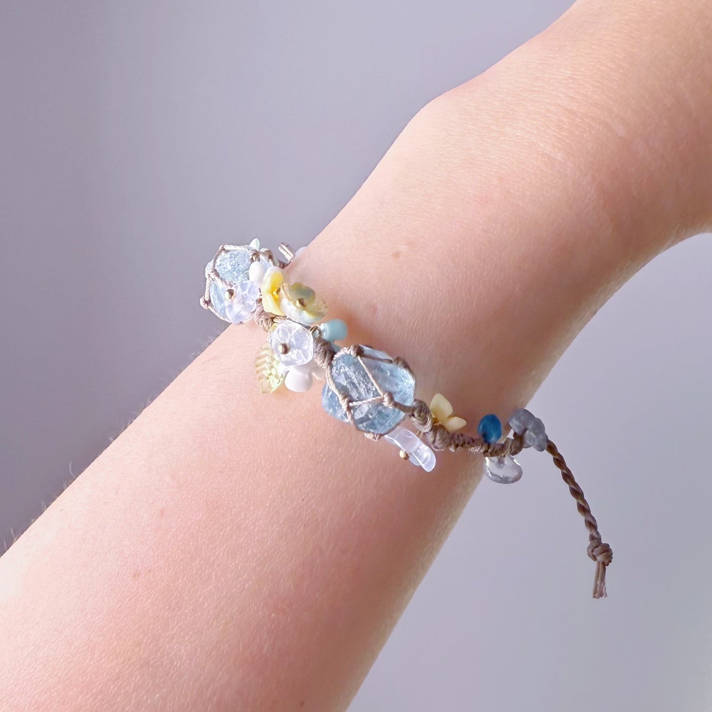 Quartzberry - Throat and Crown Chakra Aquamarine Two Crystal Flowers and Leaf Macrame Bracelet