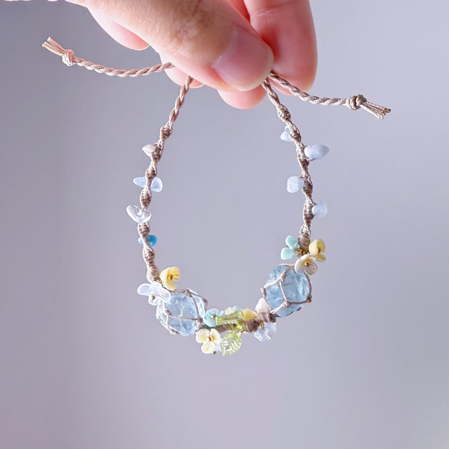 Quartzberry - Throat and Crown Chakra Aquamarine Two Crystal Flowers and Leaf Macrame Bracelet