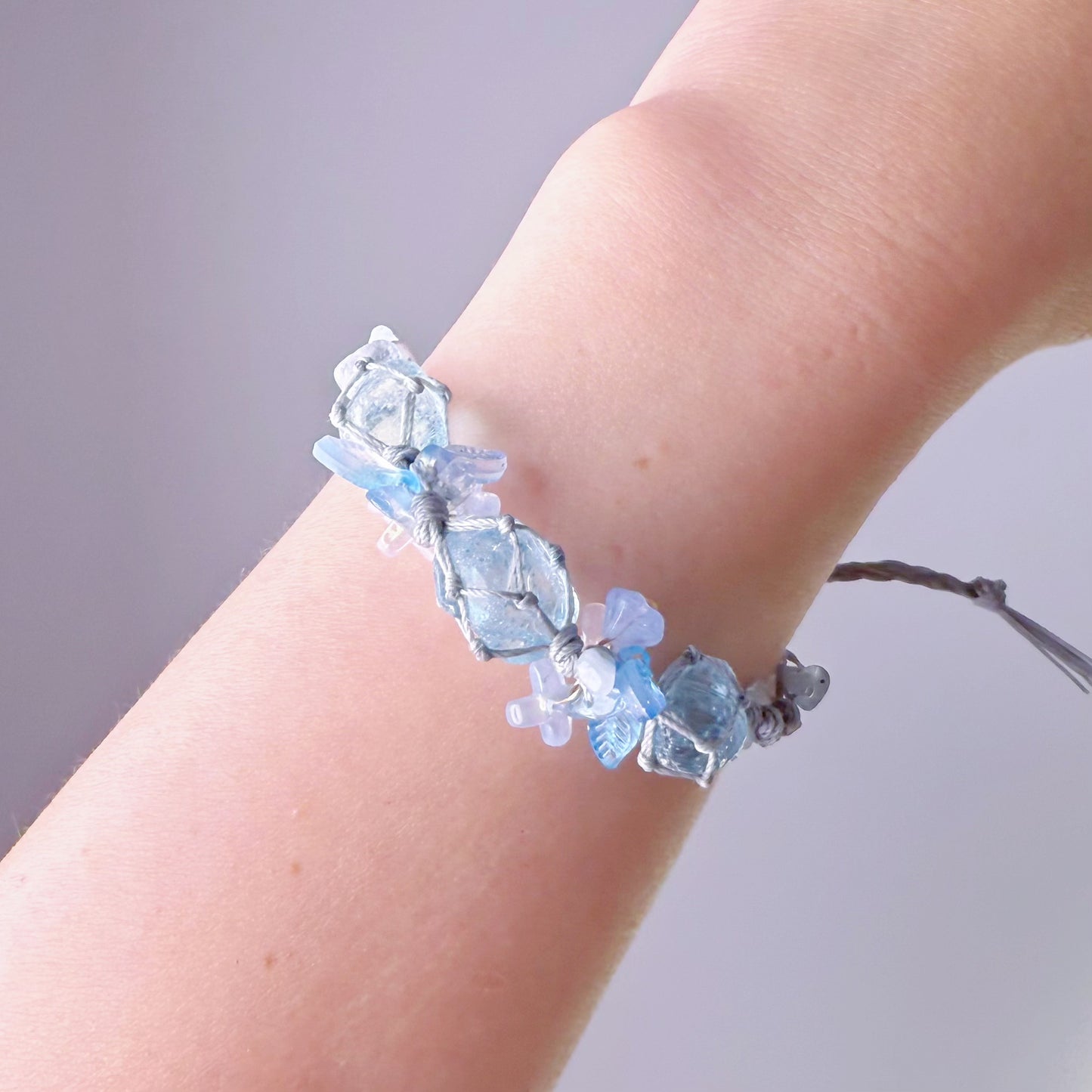 Quartzberry - Throat and Crown Chakra Aquamarine Three Crystal Grey Macrame Bracelet