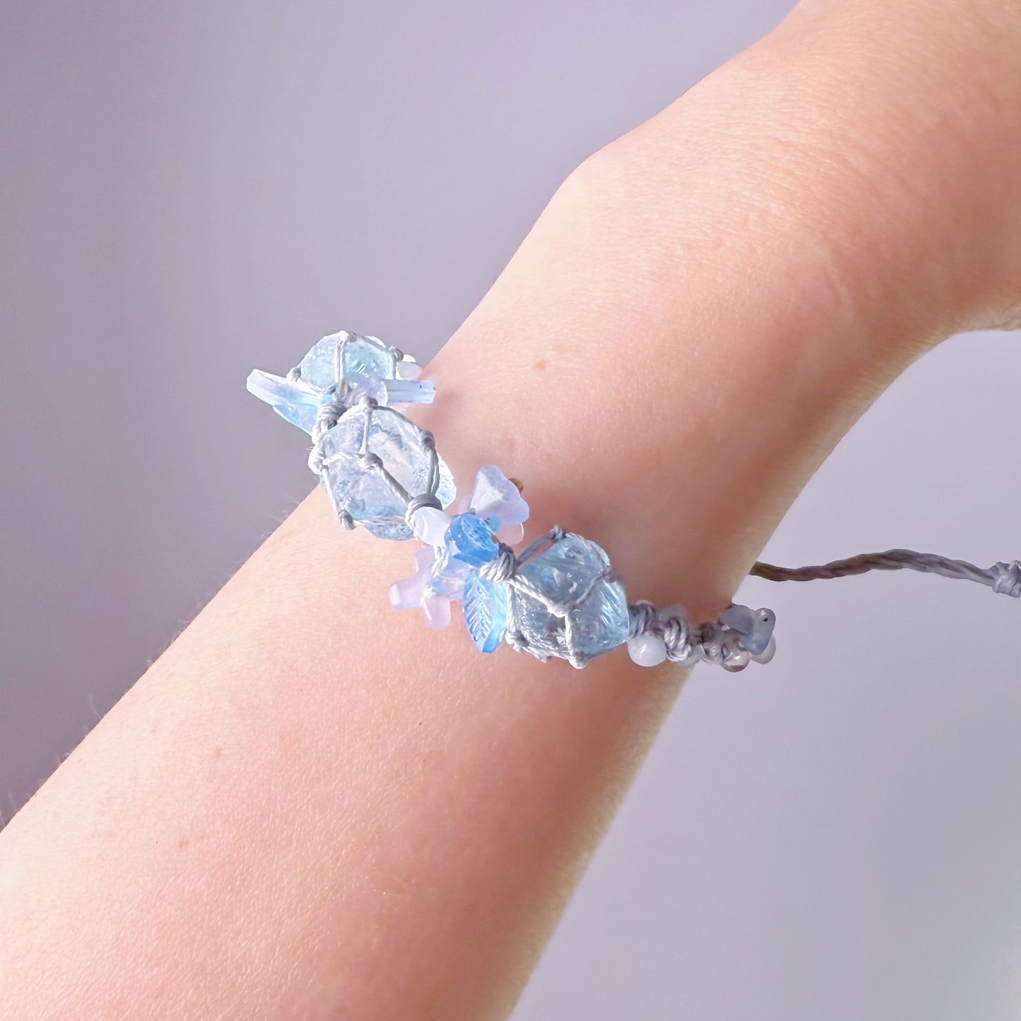 Quartzberry - Throat and Crown Chakra Aquamarine Three Crystal Grey Macrame Bracelet