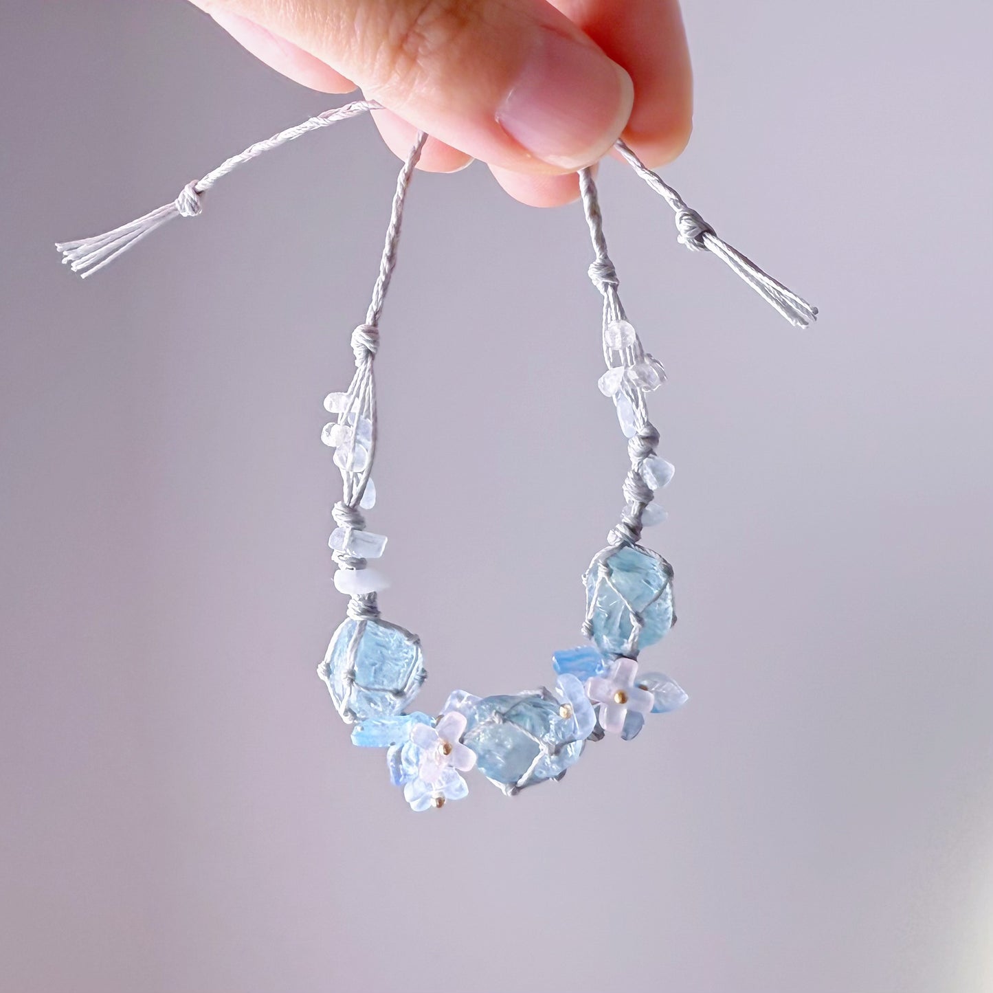 Quartzberry - Throat and Crown Chakra Aquamarine Three Crystal Grey Macrame Bracelet