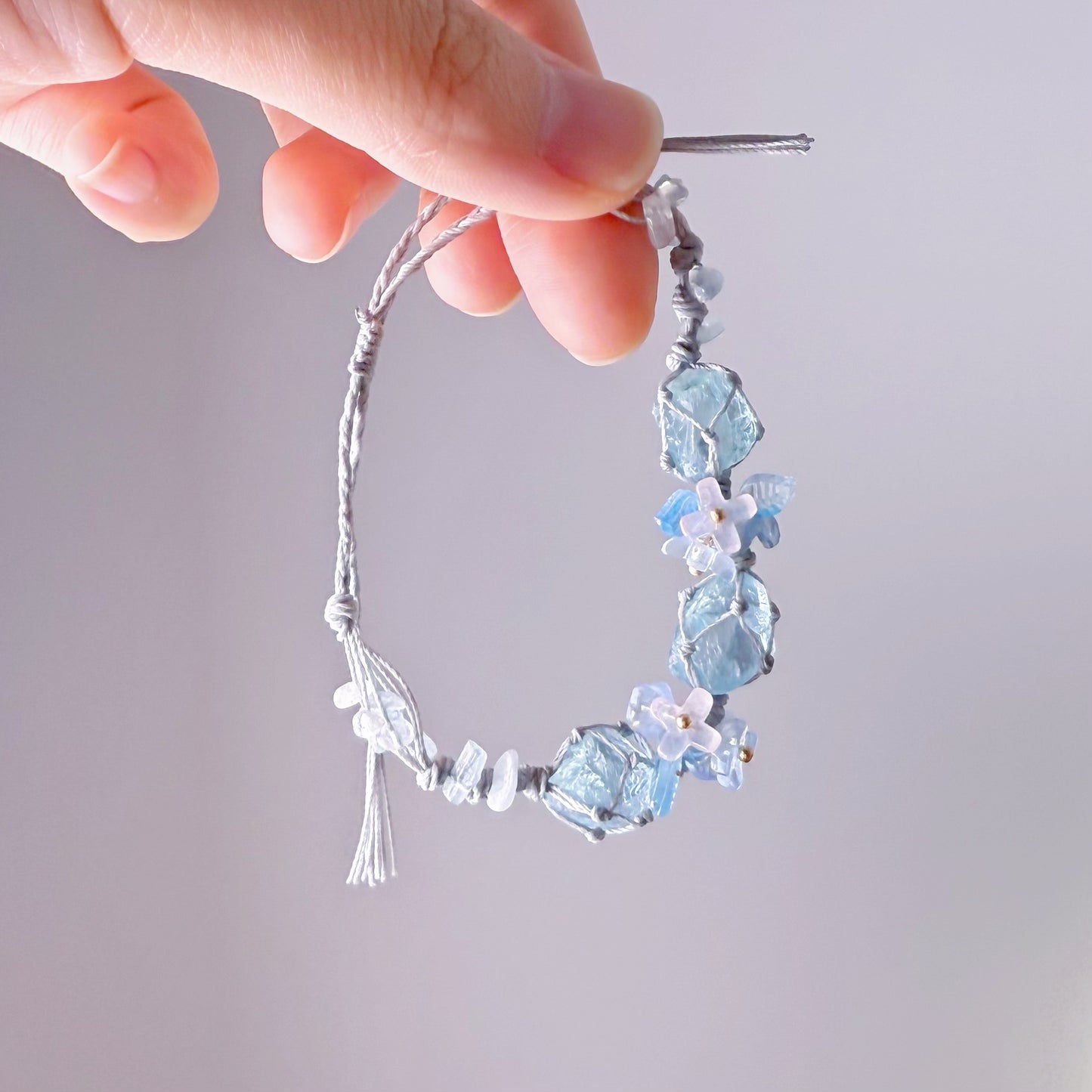 Quartzberry - Throat and Crown Chakra Aquamarine Three Crystal Grey Macrame Bracelet