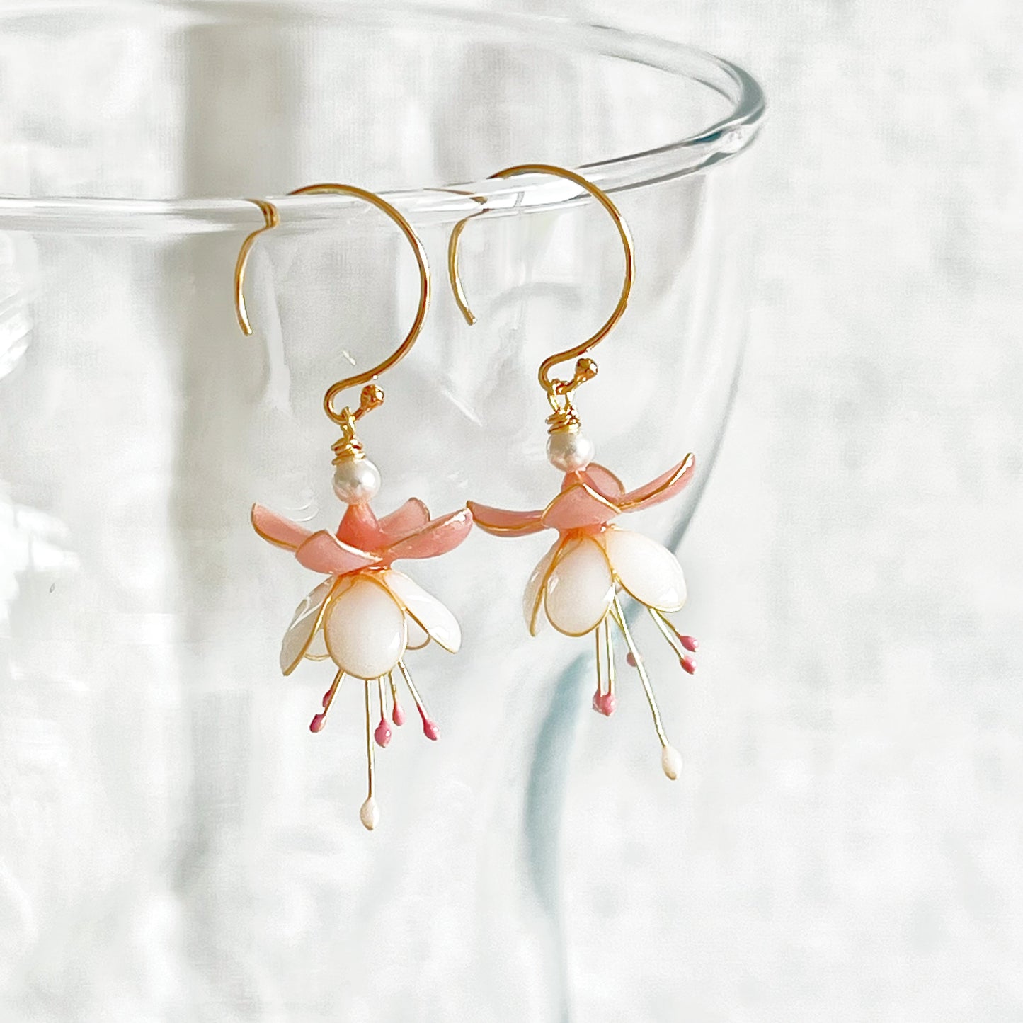 Handmade Pink and White Fuchsia Flower Earrings-Ninaouity