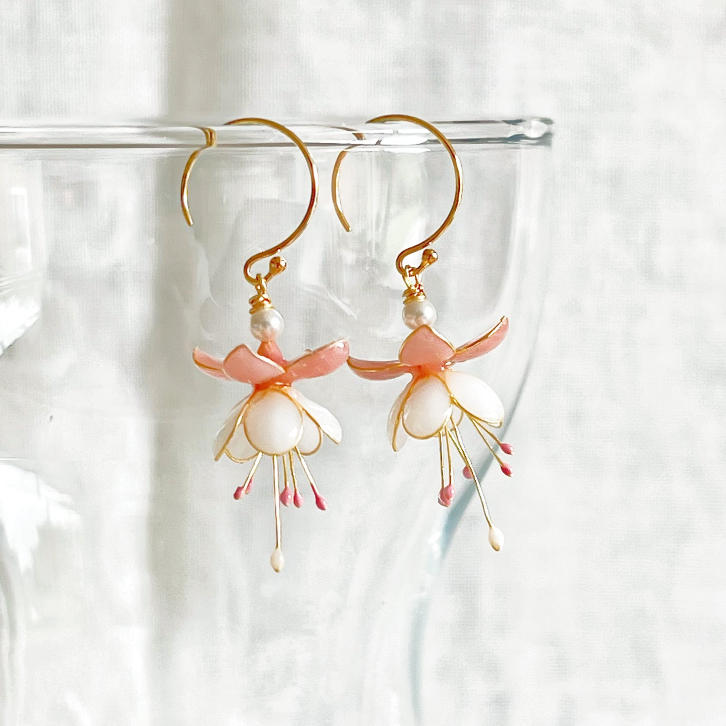 Handmade Pink and White Fuchsia Flower Earrings-Ninaouity