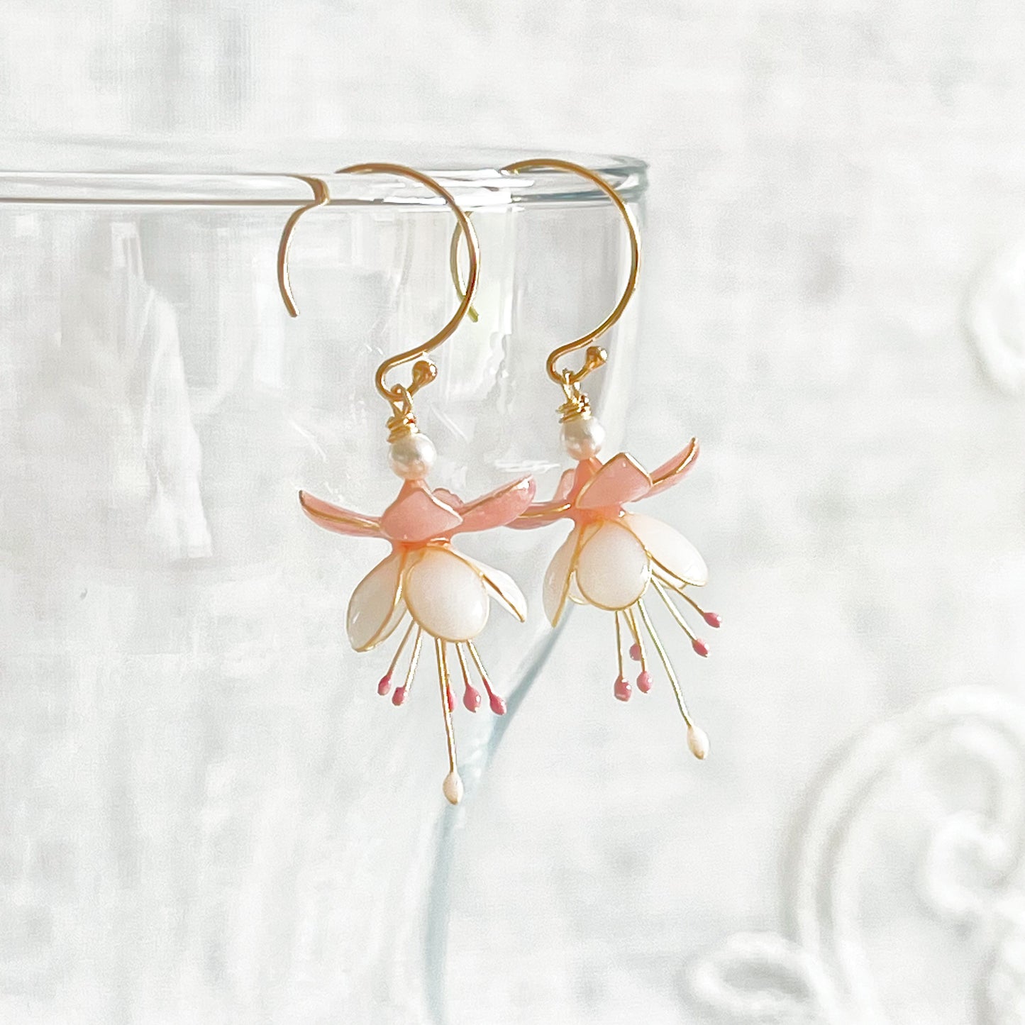 Handmade Pink and White Fuchsia Flower Earrings-Ninaouity