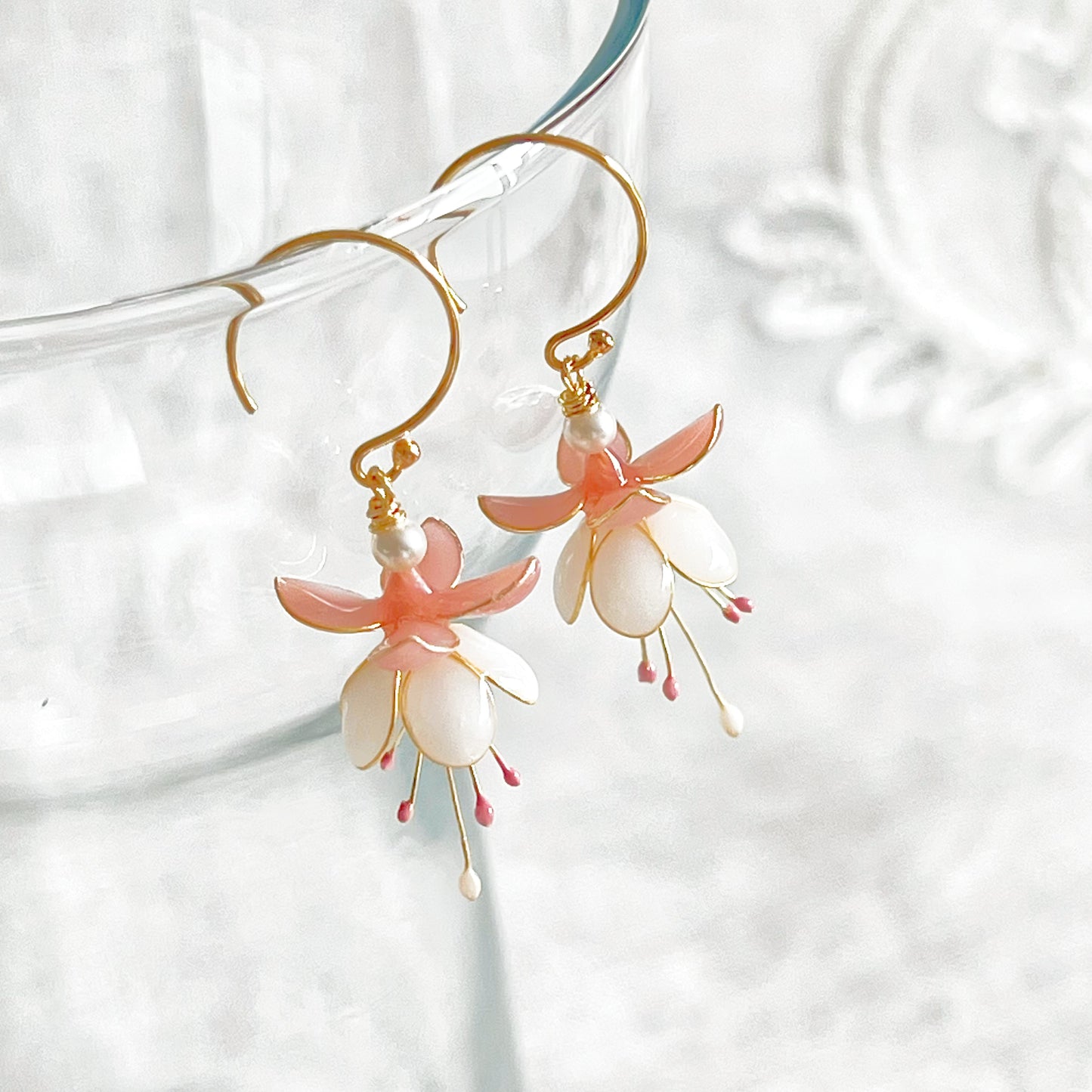 Handmade Pink and White Fuchsia Flower Earrings-Ninaouity