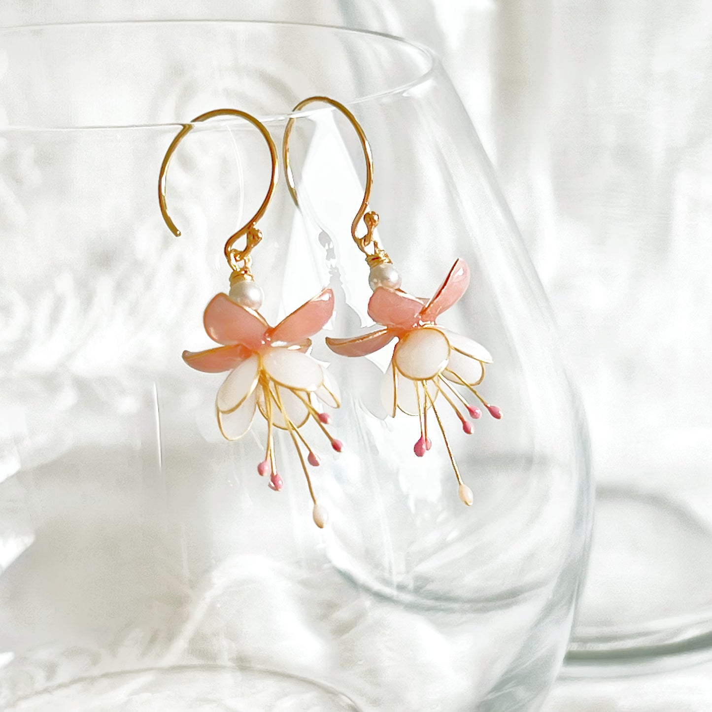 Handmade Pink and White Fuchsia Flower Earrings-Ninaouity