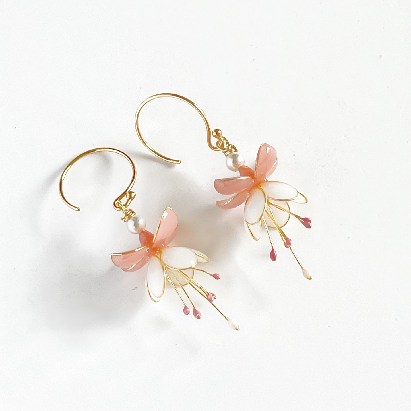 Handmade Pink and White Fuchsia Flower Earrings-Ninaouity
