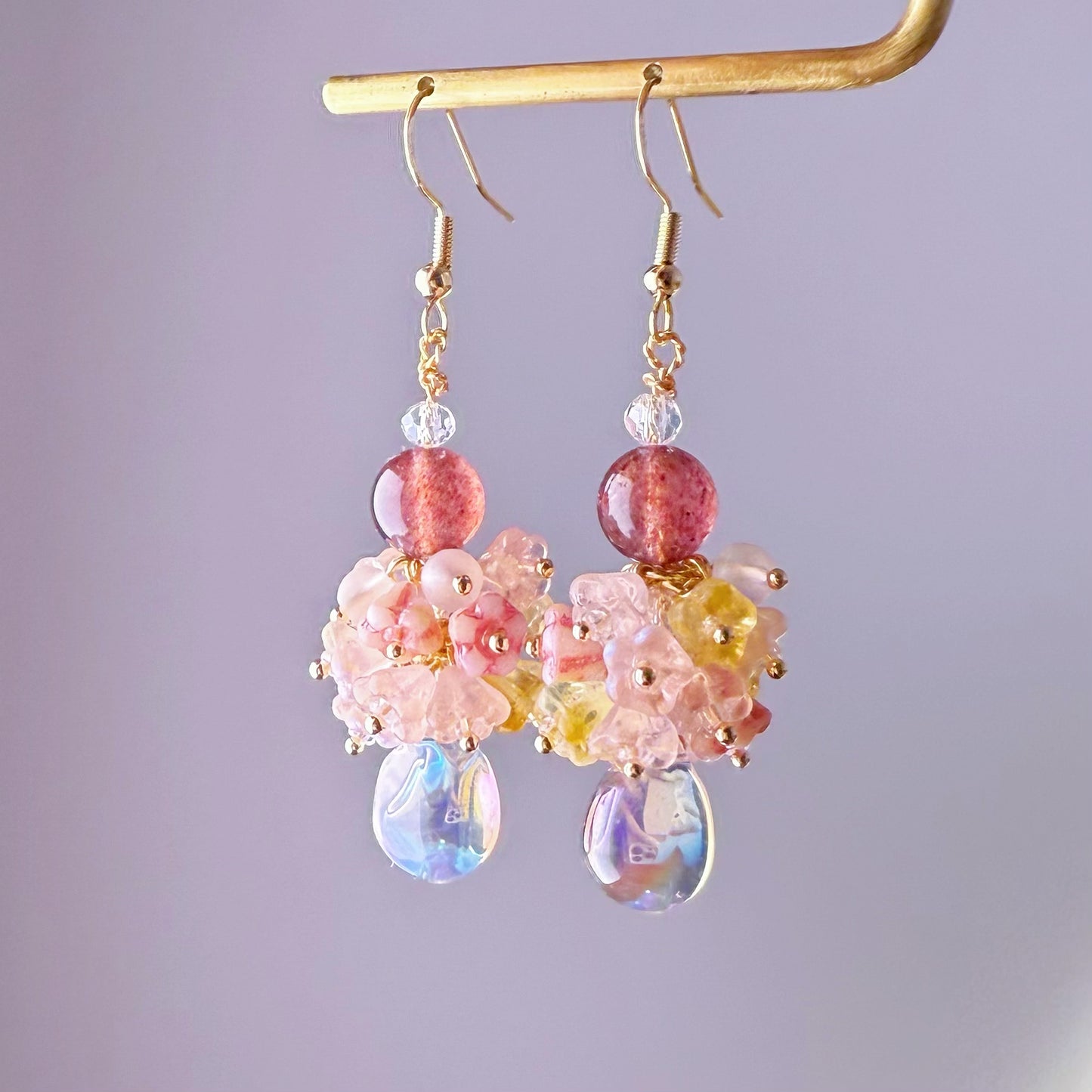 Handmade Pink Flowers Bloom and Raindrop Glass Beaded Earrings