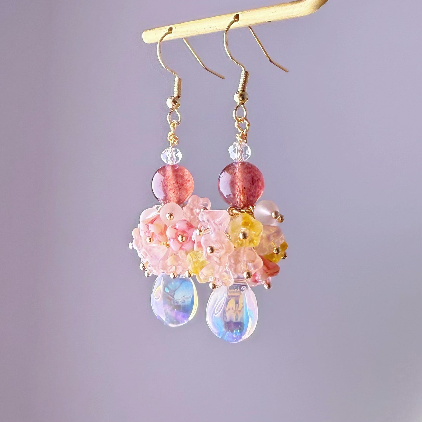 Handmade Pink Flowers Bloom and Raindrop Glass Beaded Earrings