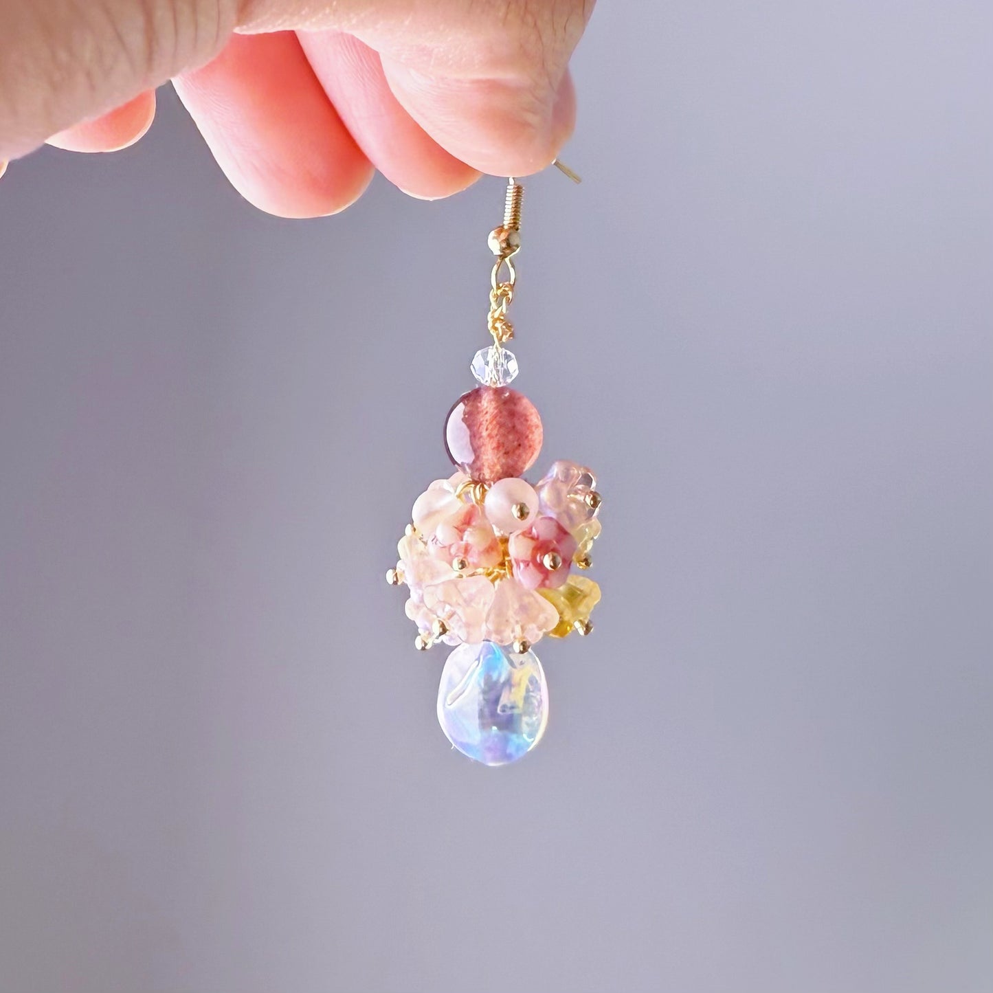 Handmade Pink Flowers Bloom and Raindrop Glass Beaded Earrings