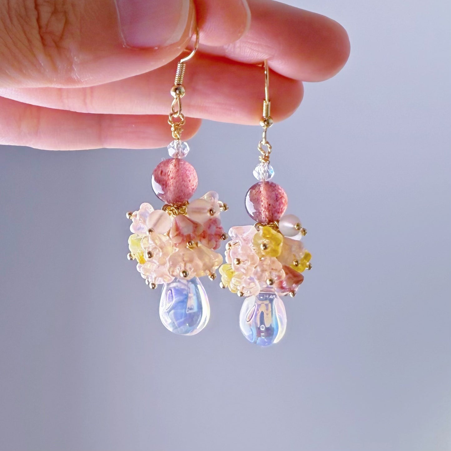 Handmade Pink Flowers Bloom and Raindrop Glass Beaded Earrings