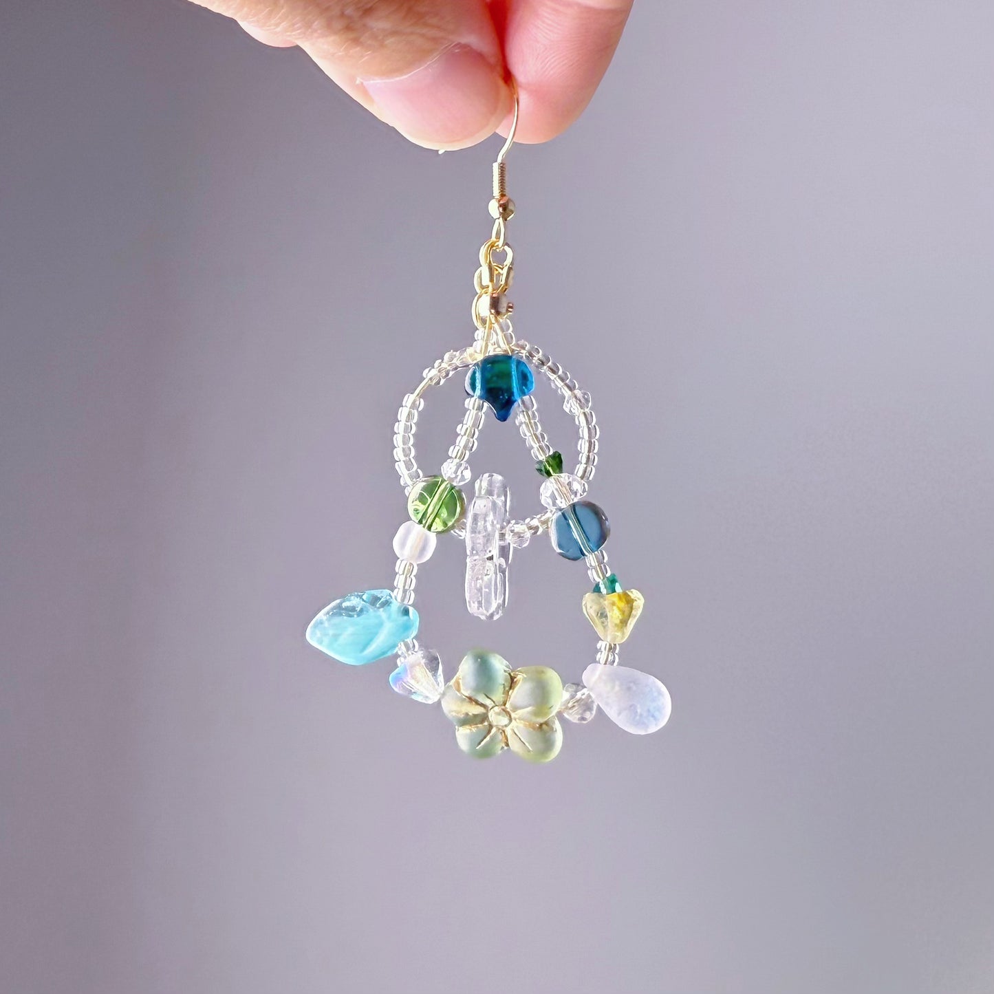 Handmade Green Crystal Flowers in Loops Glass Beads Earrings
