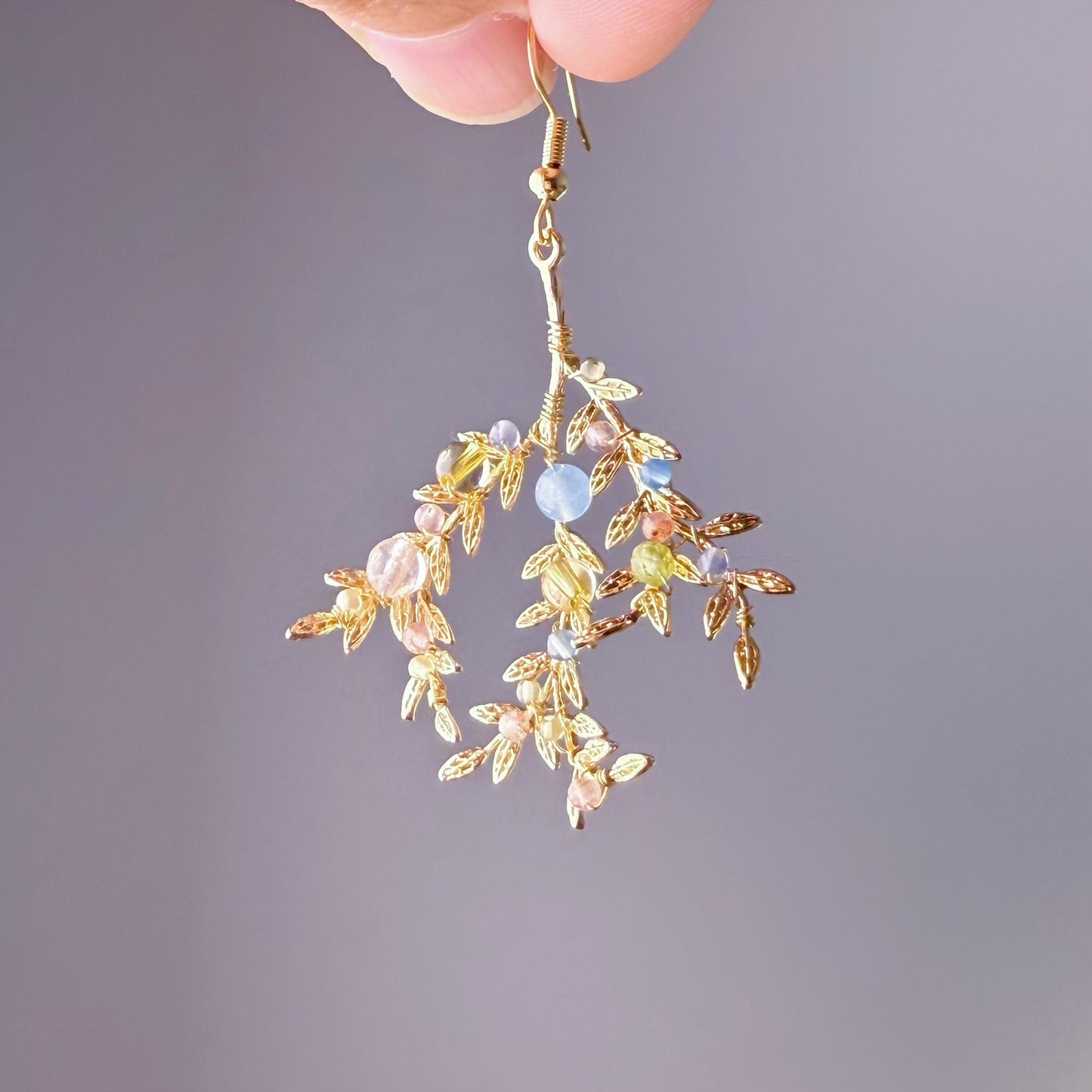 Handmade Golden Branches with Mini Natural Crystal Beads Earrings