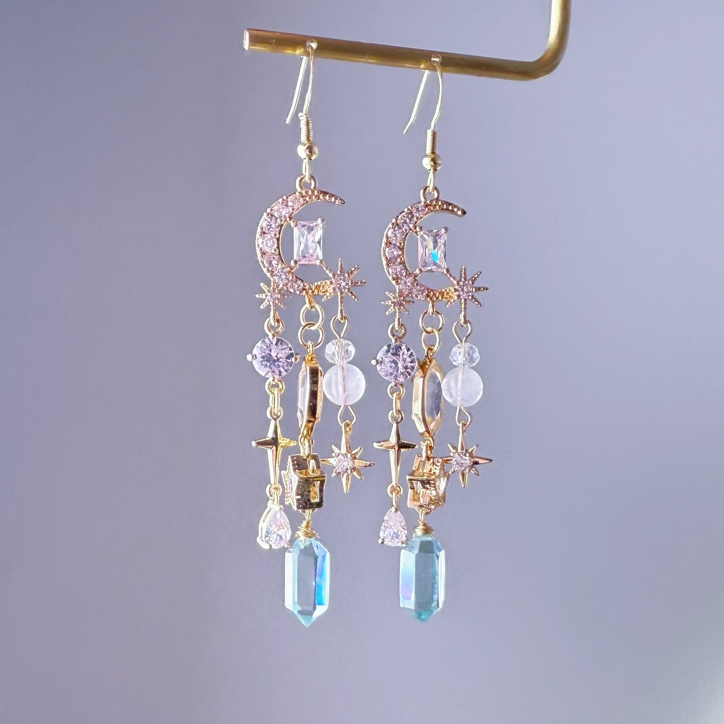 Crescent Moon and Shiny Stars with Green Quartz Drop Earrings