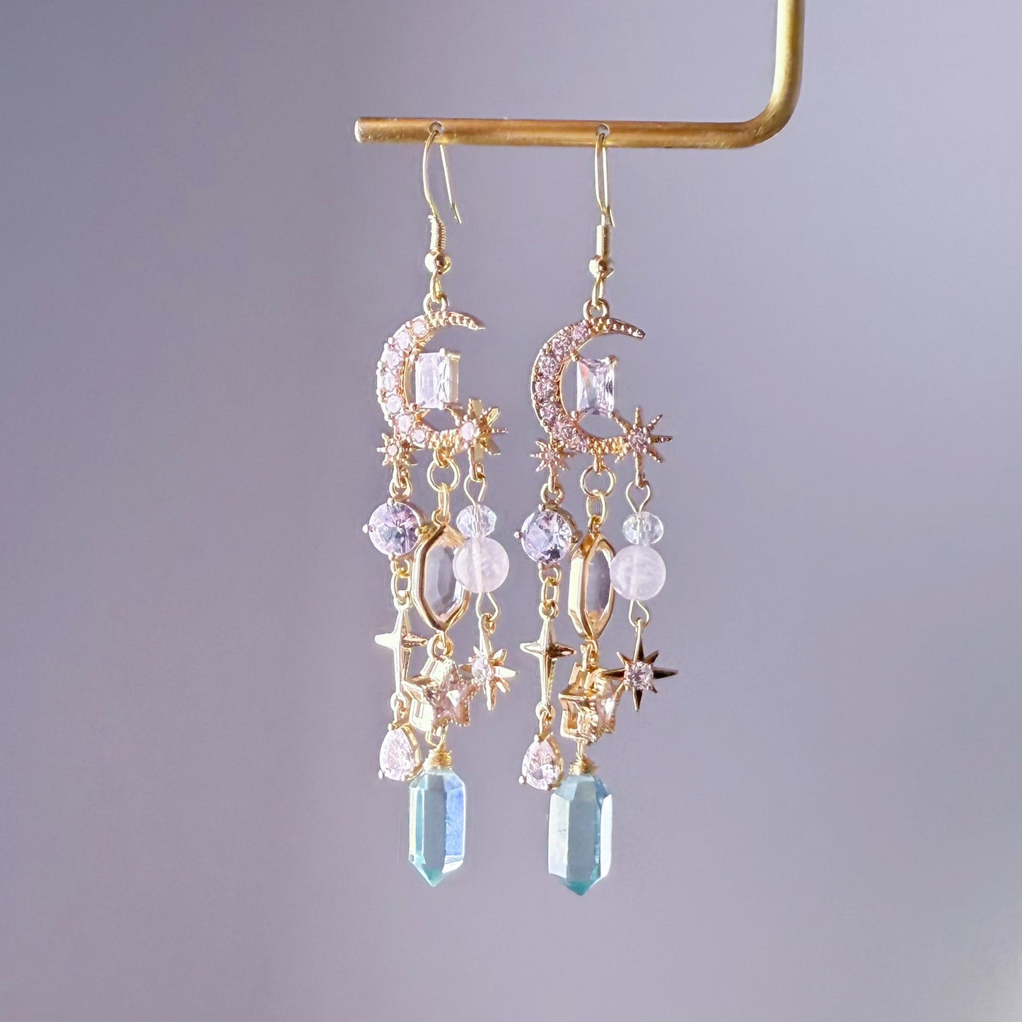 Crescent Moon and Shiny Stars with Green Quartz Drop Earrings