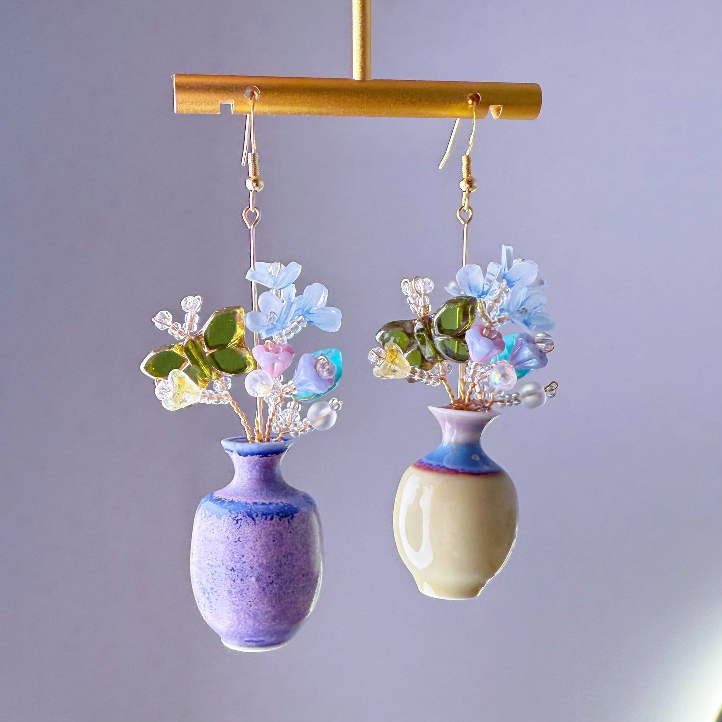 Handmade Flowers Bouquet and Butterfly in Ceramic Vase Earrings