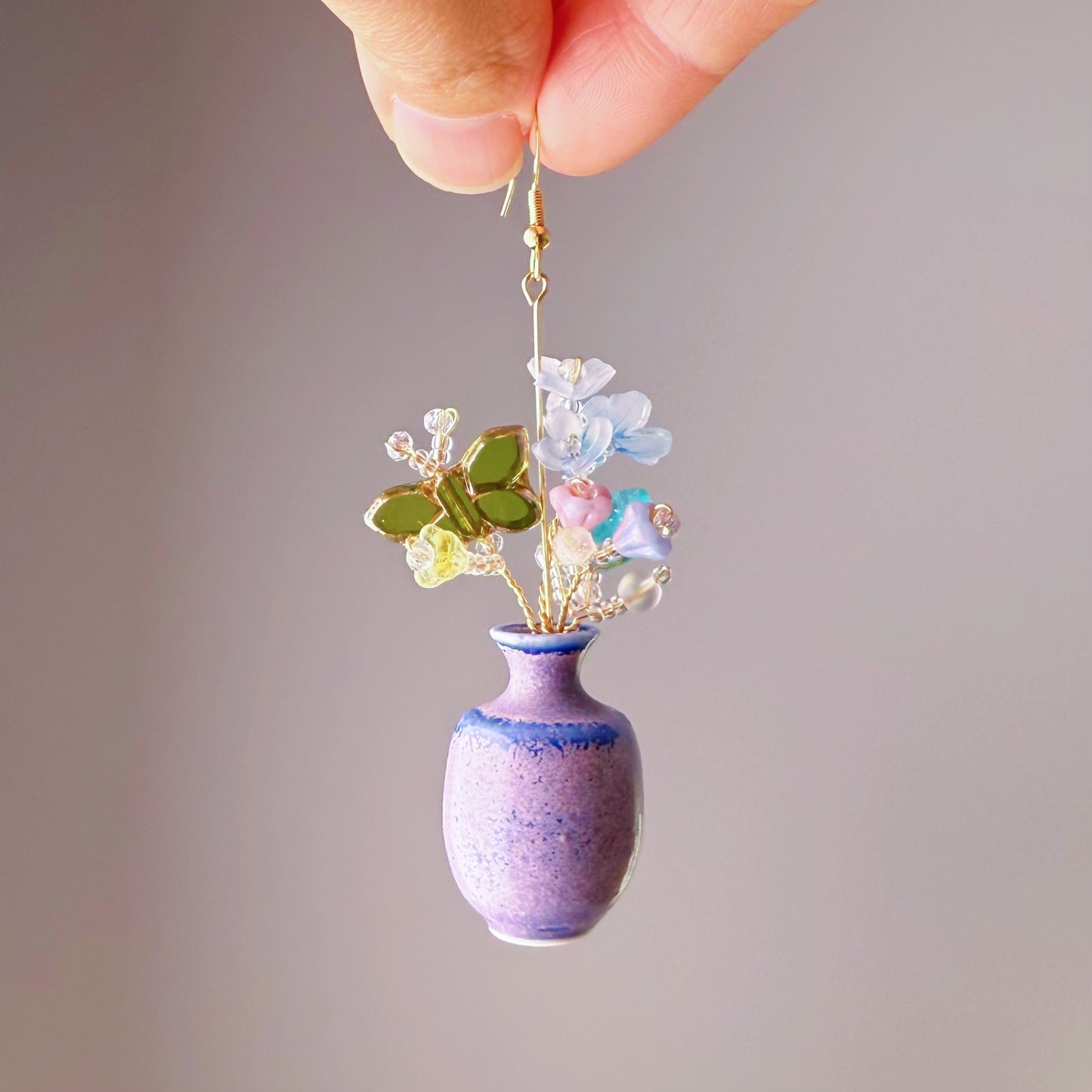 Handmade Flowers Bouquet and Butterfly in Ceramic Vase Earrings
