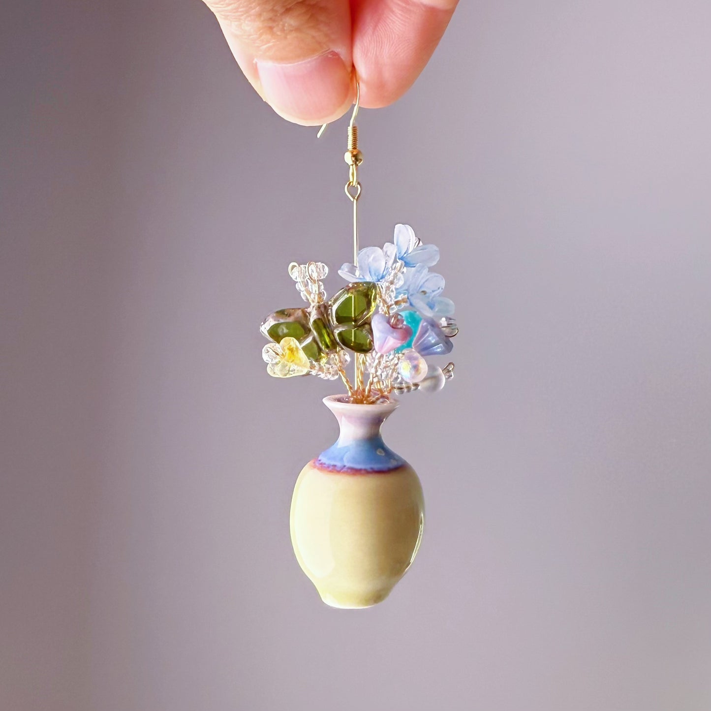Handmade Flowers Bouquet and Butterfly in Ceramic Vase Earrings