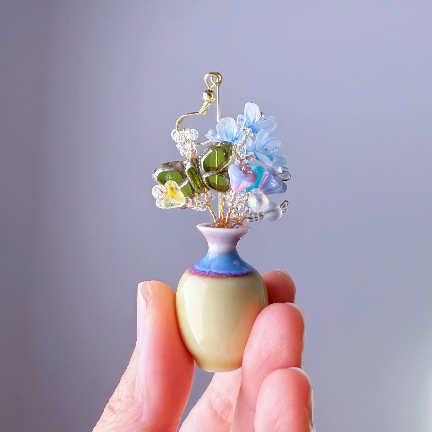 Handmade Flowers Bouquet and Butterfly in Ceramic Vase Earrings