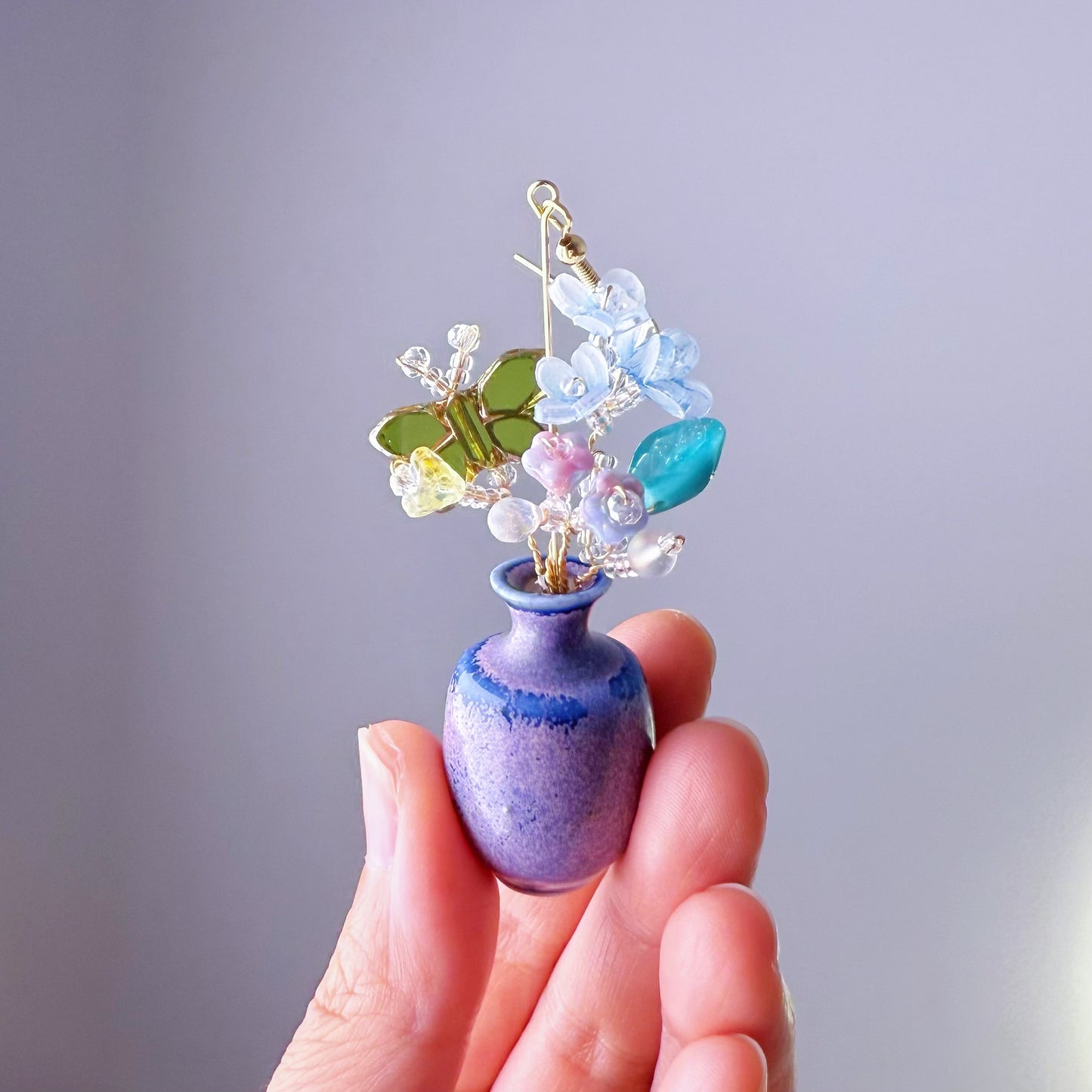 Handmade Flowers Bouquet and Butterfly in Ceramic Vase Earrings