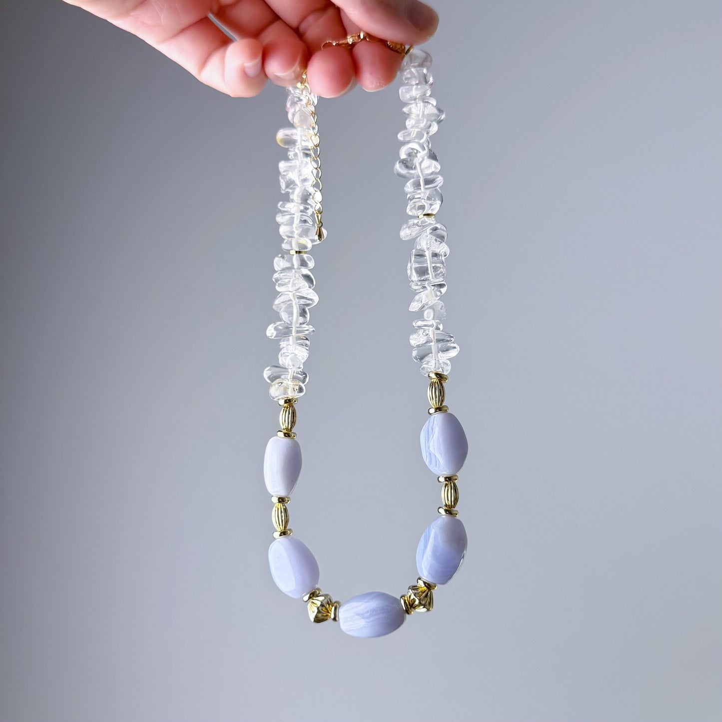 Quartzberry - Natural Blue Lace Agate and Clear Quartz Crystal Choker Necklace - Limited Edition