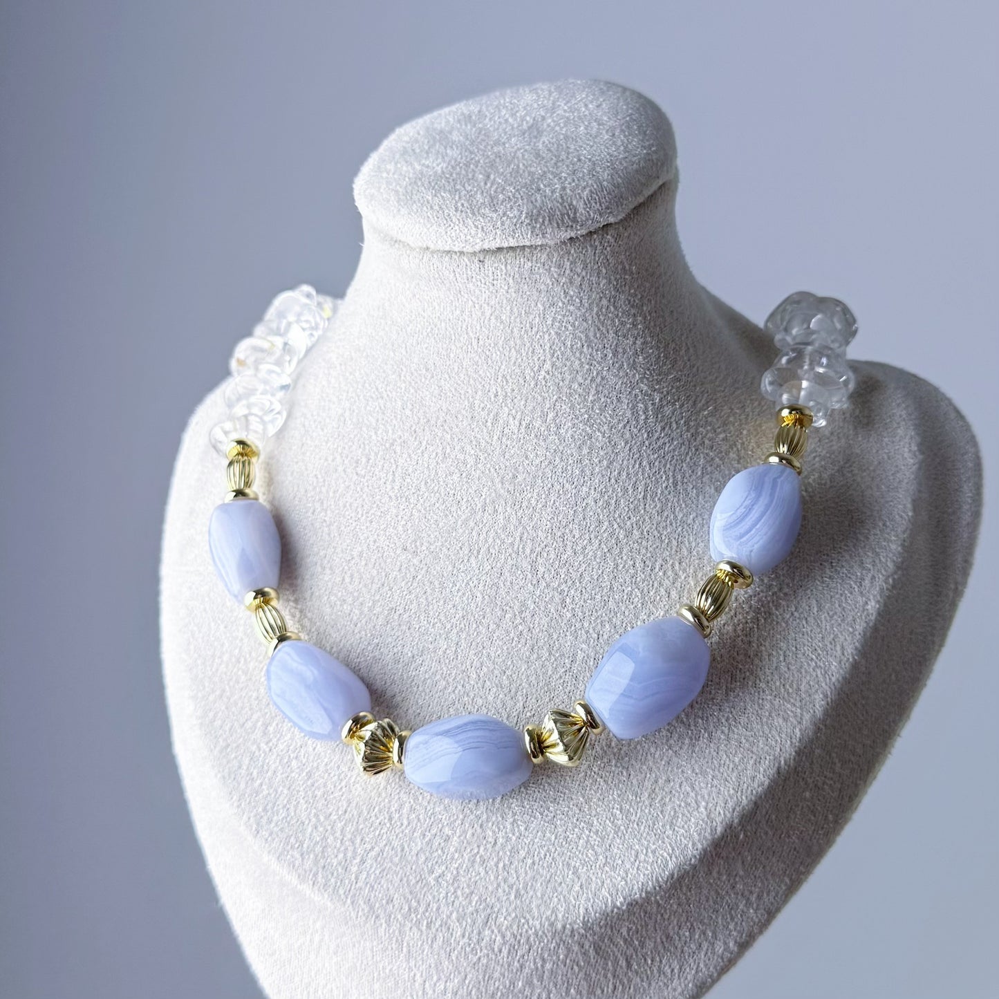 Quartzberry - Natural Blue Lace Agate and Clear Quartz Crystal Choker Necklace - Limited Edition