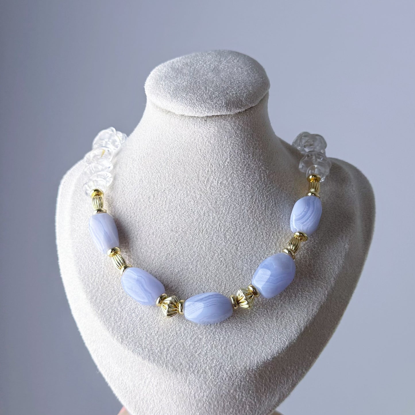 Quartzberry - Natural Blue Lace Agate and Clear Quartz Crystal Choker Necklace - Limited Edition