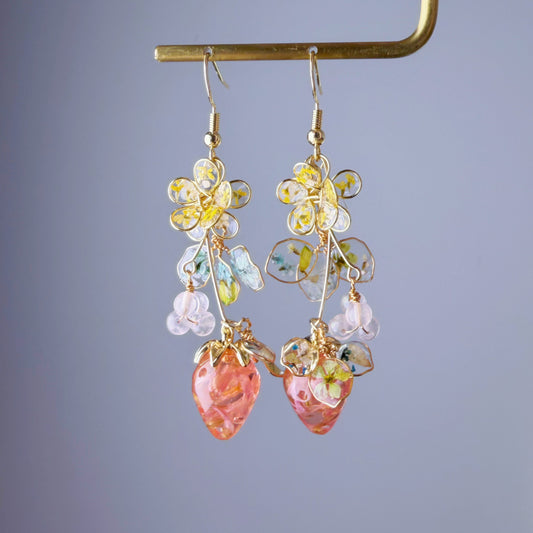 Handmade Pressed Dried Flowers Strawberry Plant Flowers and Leaves Dangle Earrings