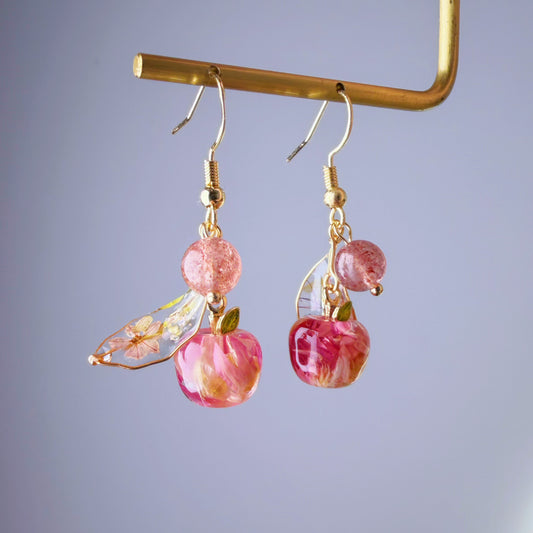 Handmade Pressed Dried Flowers Apple Fruit and Leaves Earrings