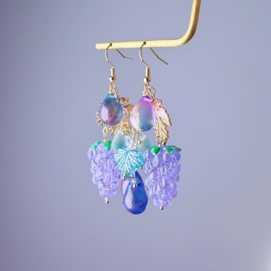 Handmade Lampwork Glass Purple Grapes and Leaves Dangle Earrings