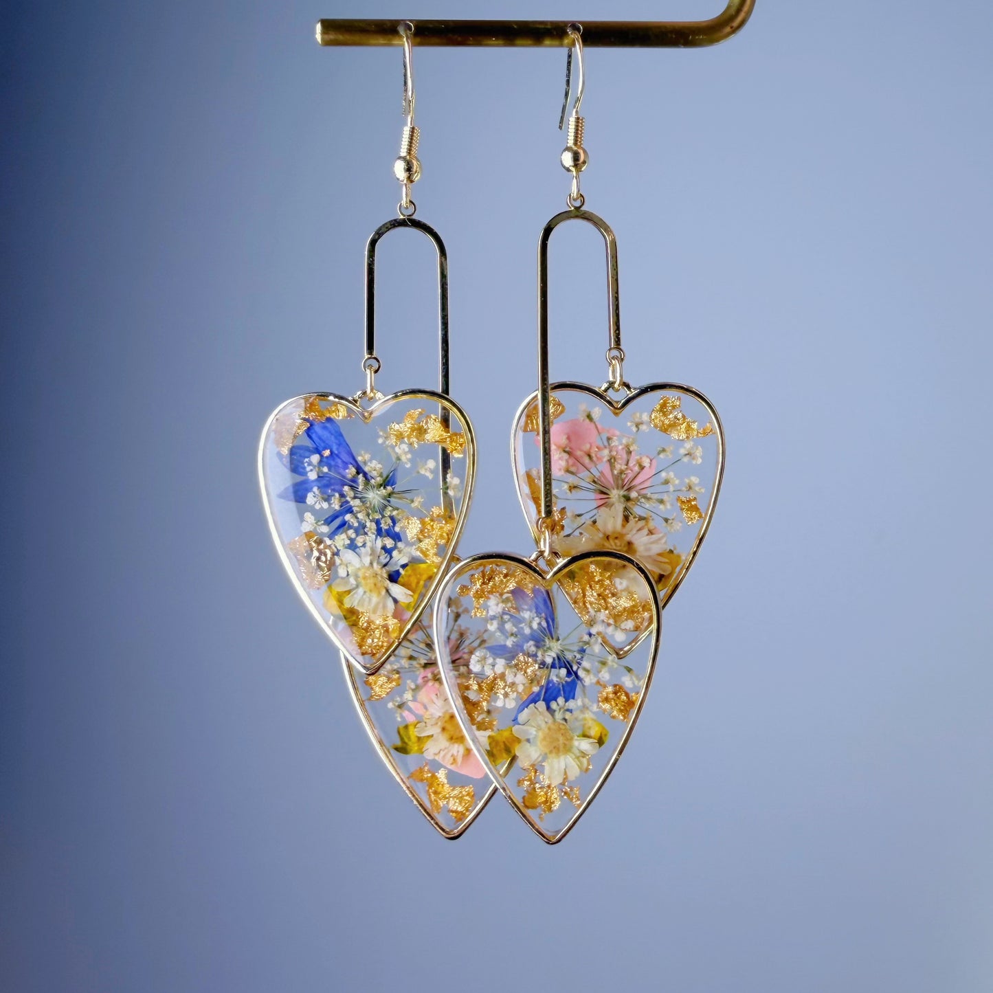 Handmade Pressed Flowers in Hearts Statement Dangle Earrings