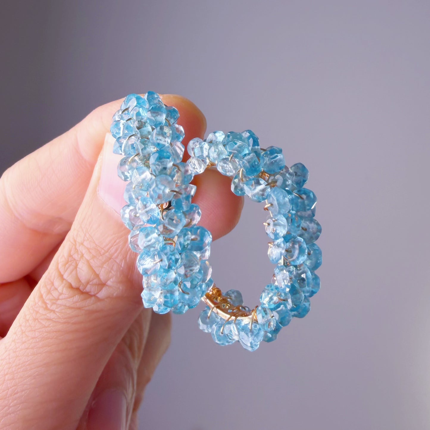 Handmade Blue Paraiba Apatite Cluster Crystal Faced Gemstone Half Hoop Earrings