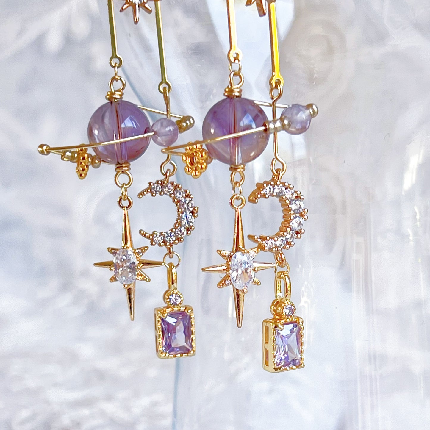 Amethyst Planet Moon and Pole Star Earrings-Ninaouity