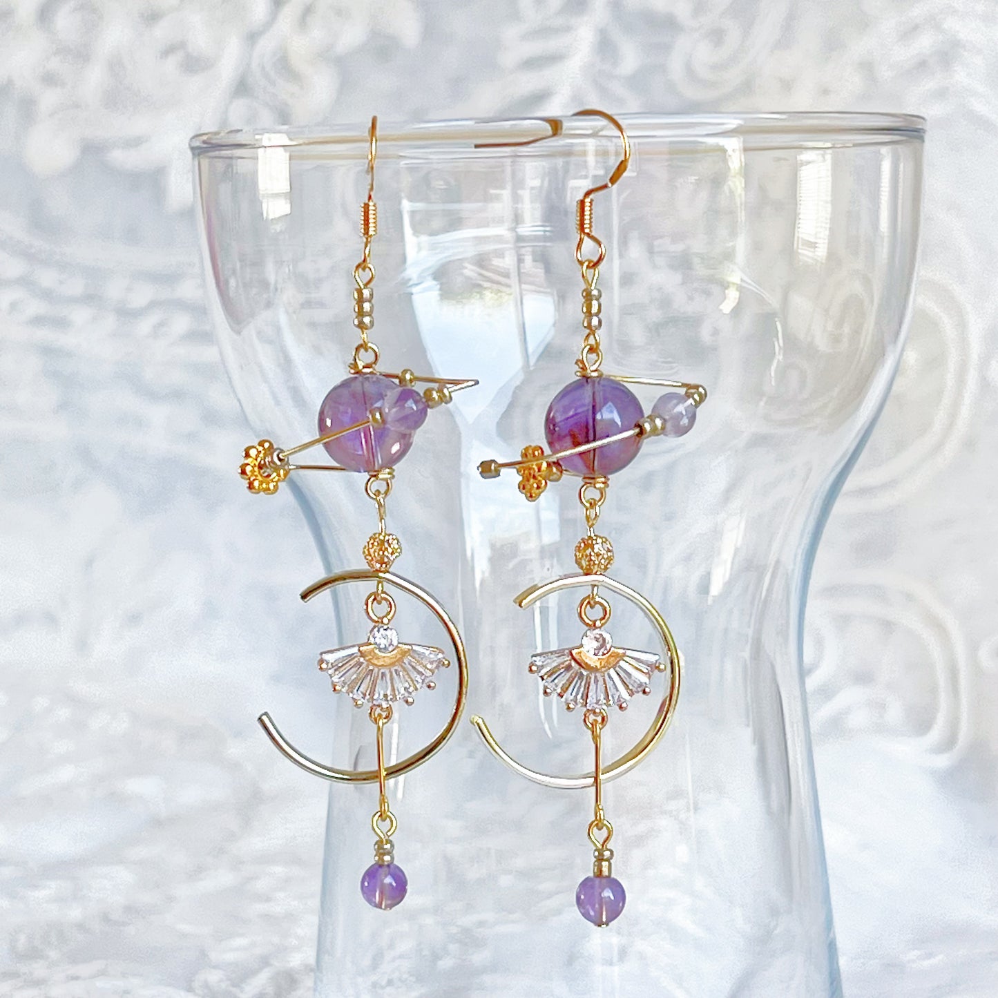 Amethyst Planet and Fan Earrings-Ninaouity