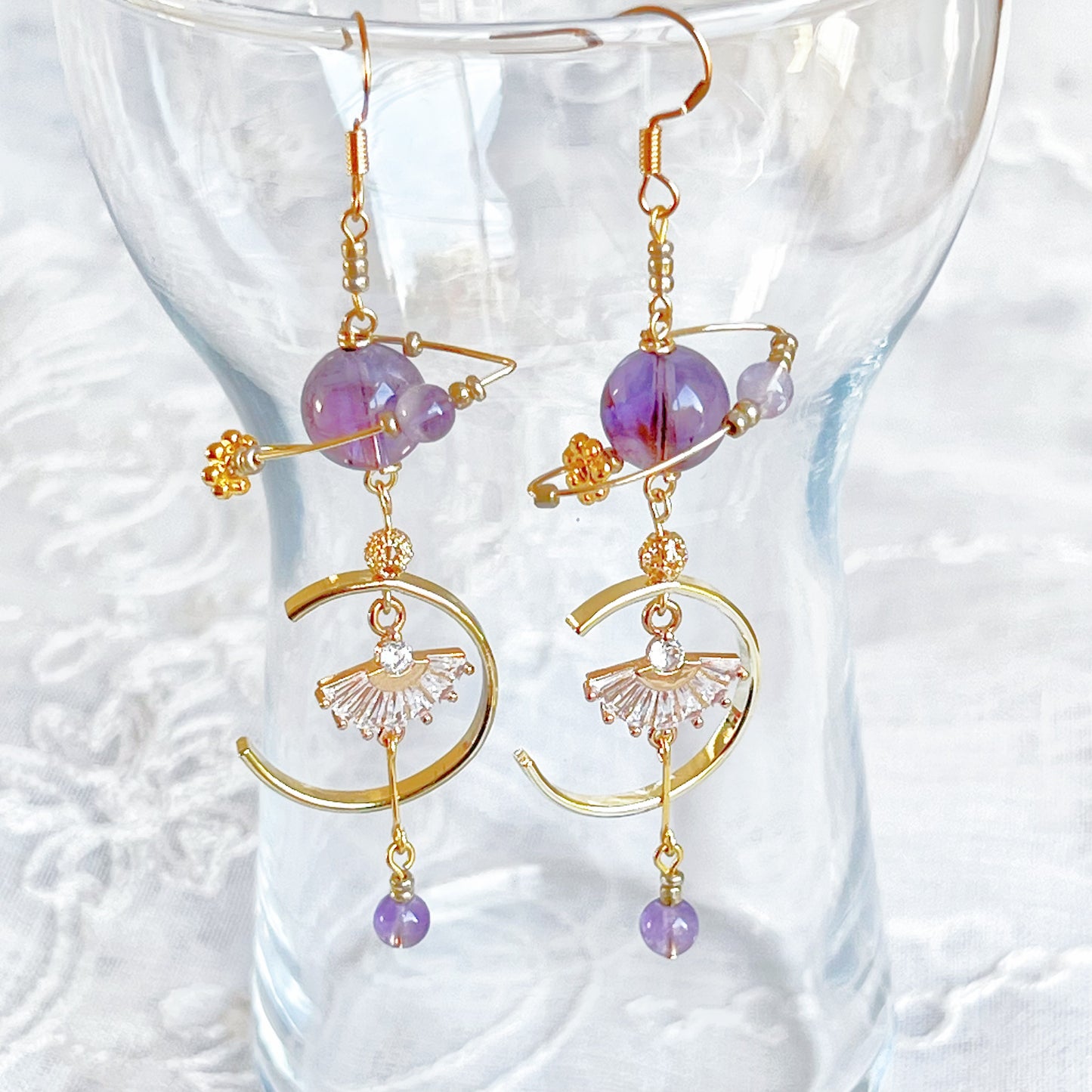 Amethyst Planet and Fan Earrings-Ninaouity