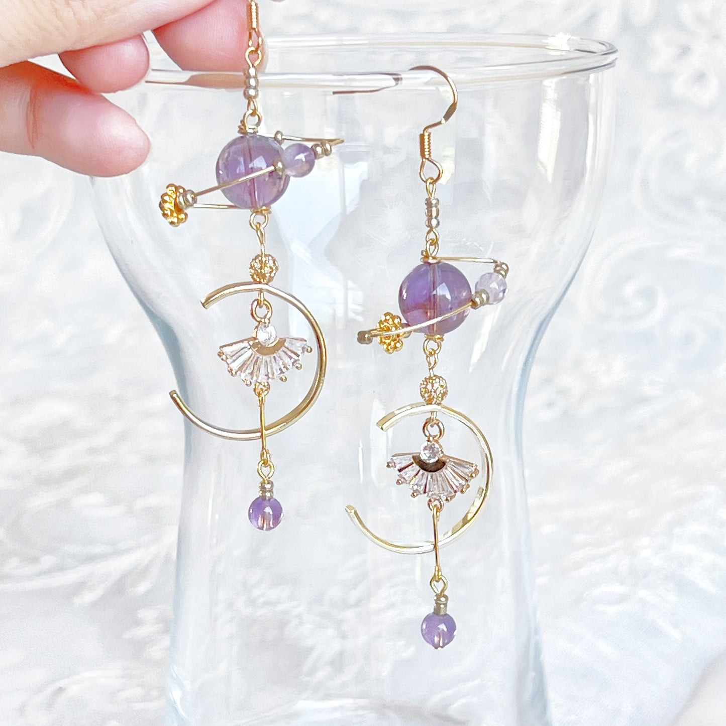 Amethyst Planet and Fan Earrings-Ninaouity