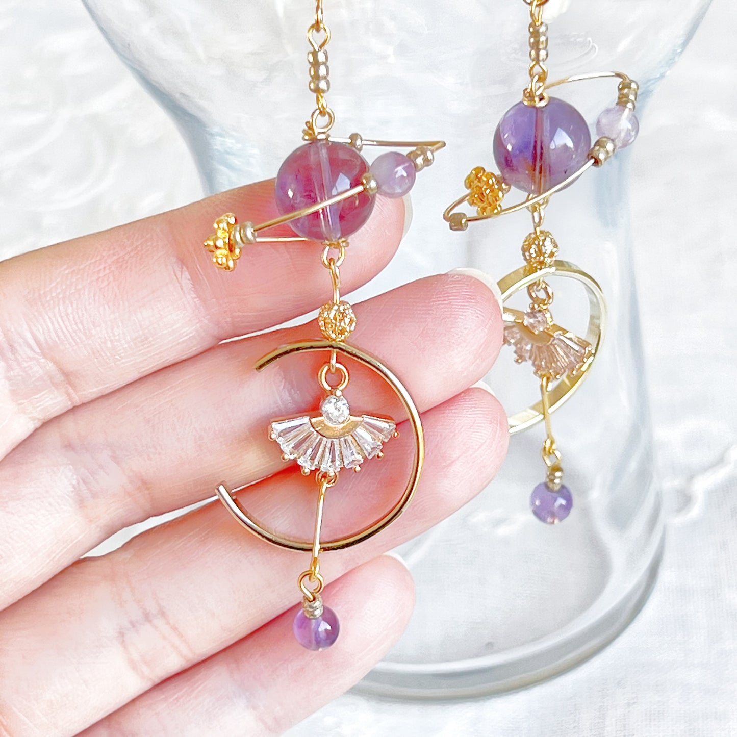 Amethyst Planet and Fan Earrings-Ninaouity