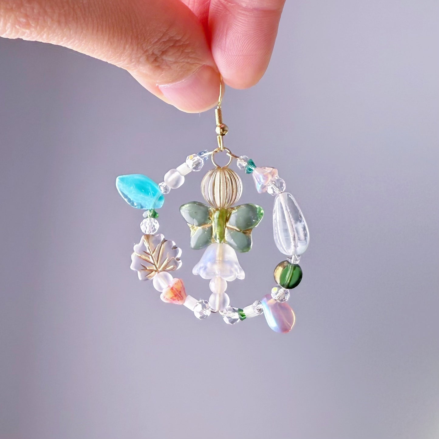 Handmade Mint Green Butterfly Glass Beads Hoop Earrings