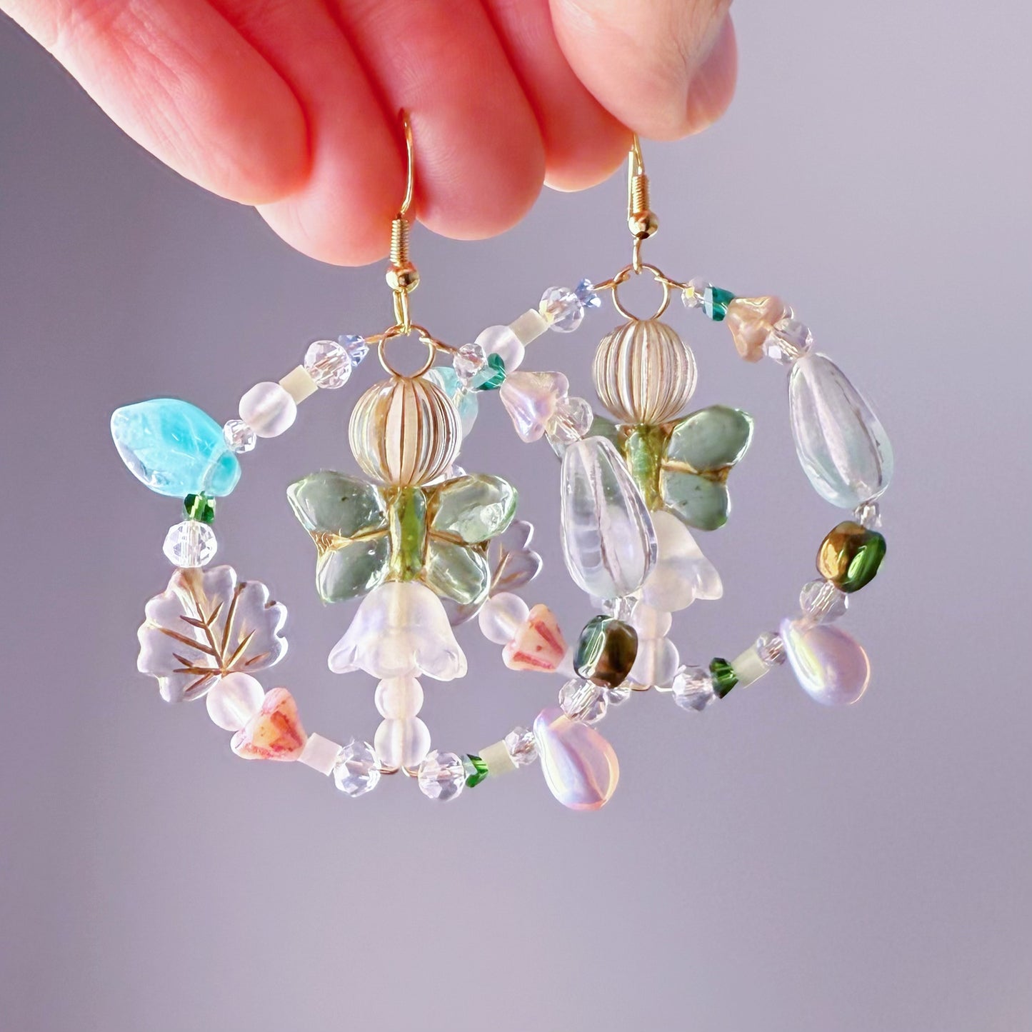 Handmade Mint Green Butterfly Glass Beads Hoop Earrings