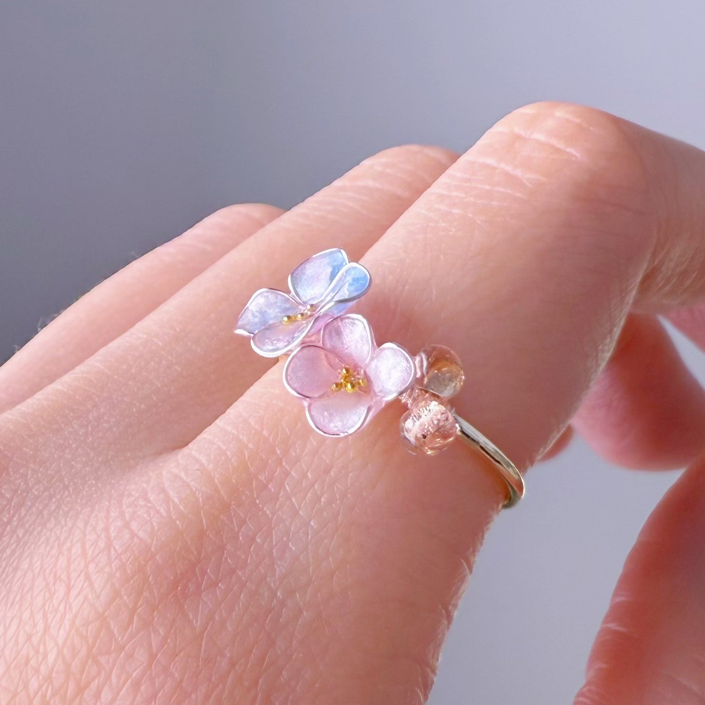 Handmade Little Purple Blue Changing Colour Hydrangeas Flowers Ring