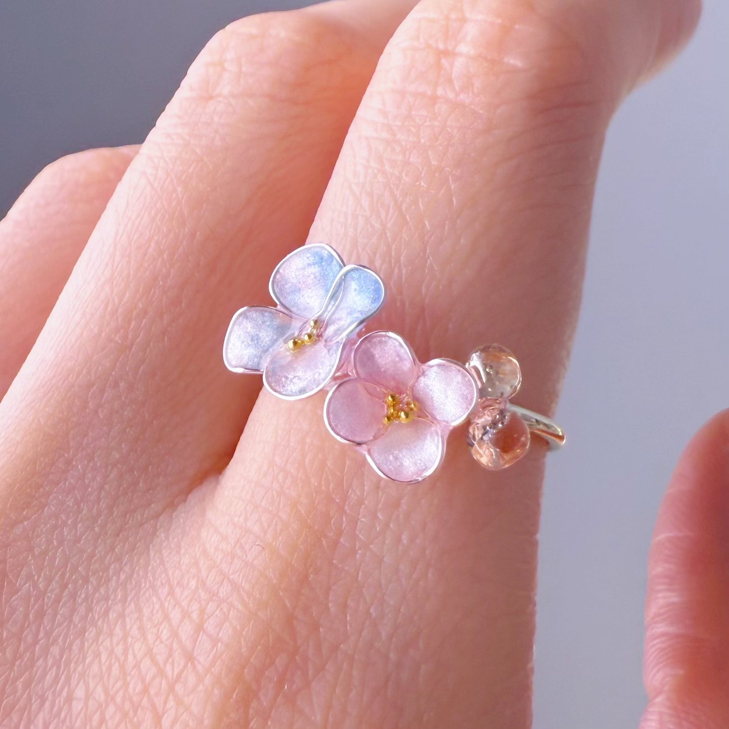 Handmade Little Purple Blue Changing Colour Hydrangeas Flowers Ring