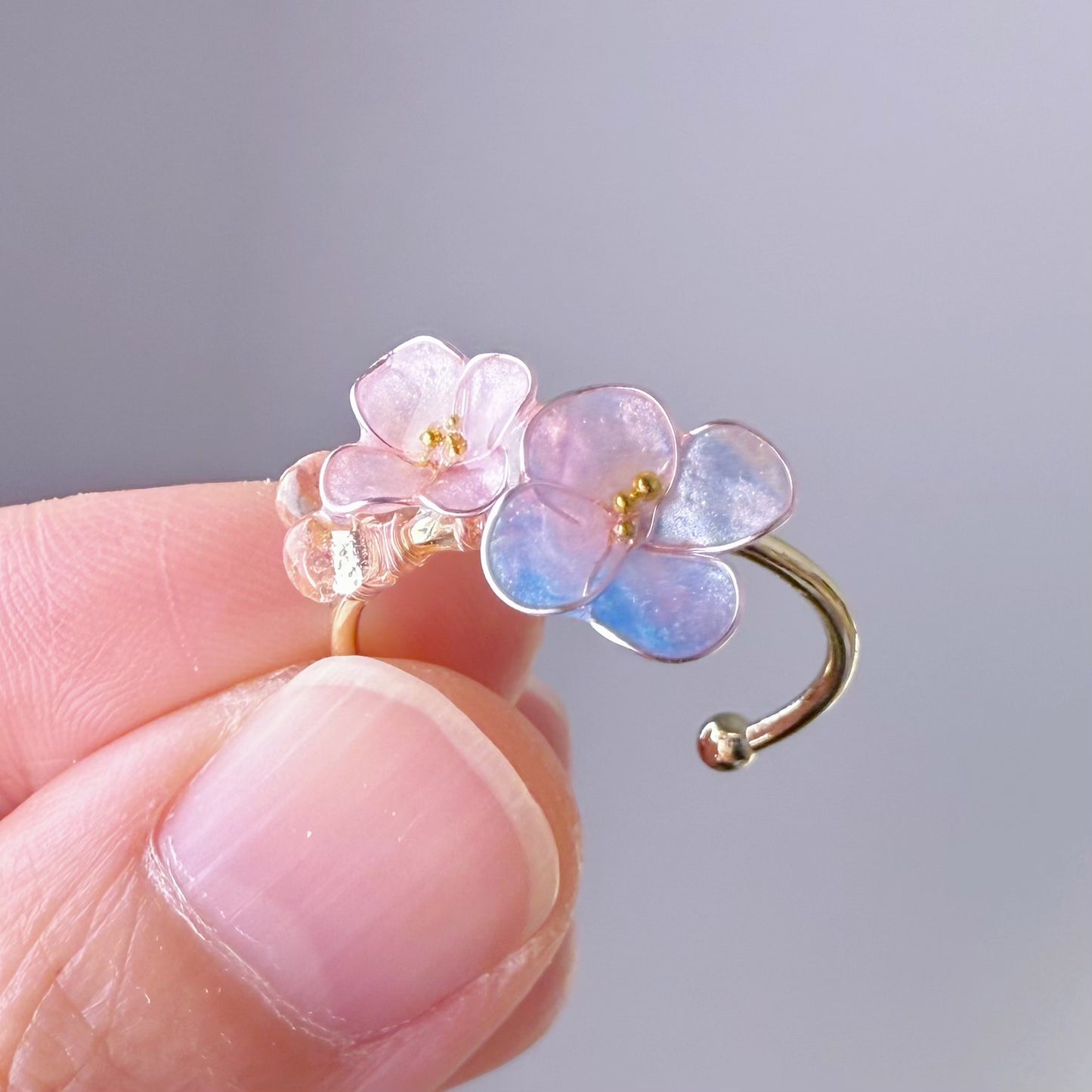 Handmade Little Purple Blue Changing Colour Hydrangeas Flowers Ring